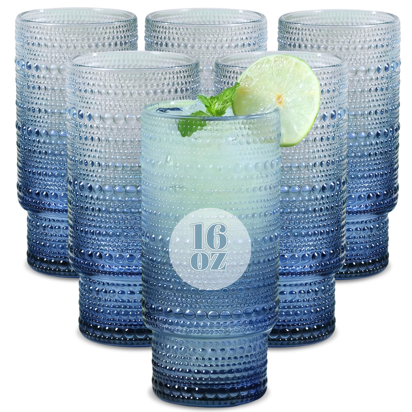 Cowjut Large Capacity 16 oz Hobnail Drinking Glasses Set of 6