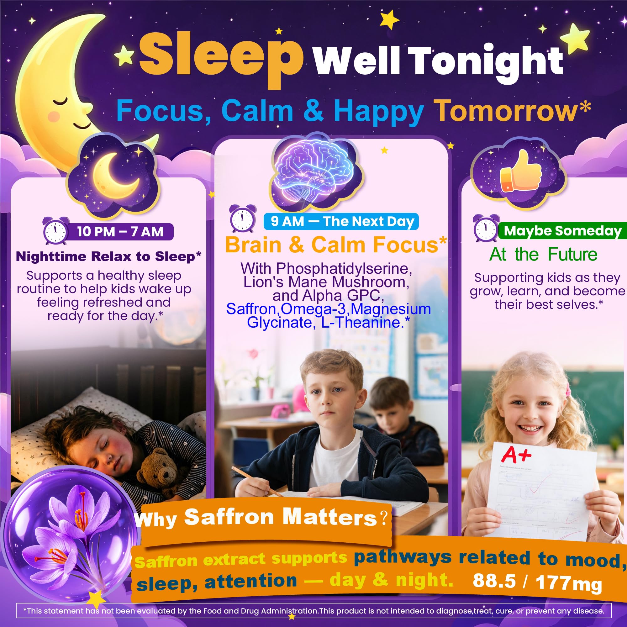 Saffron Teen Kids Sleep & Calm Focus Gummies + Magnesium Glycinate, Mood — Amazon image 3