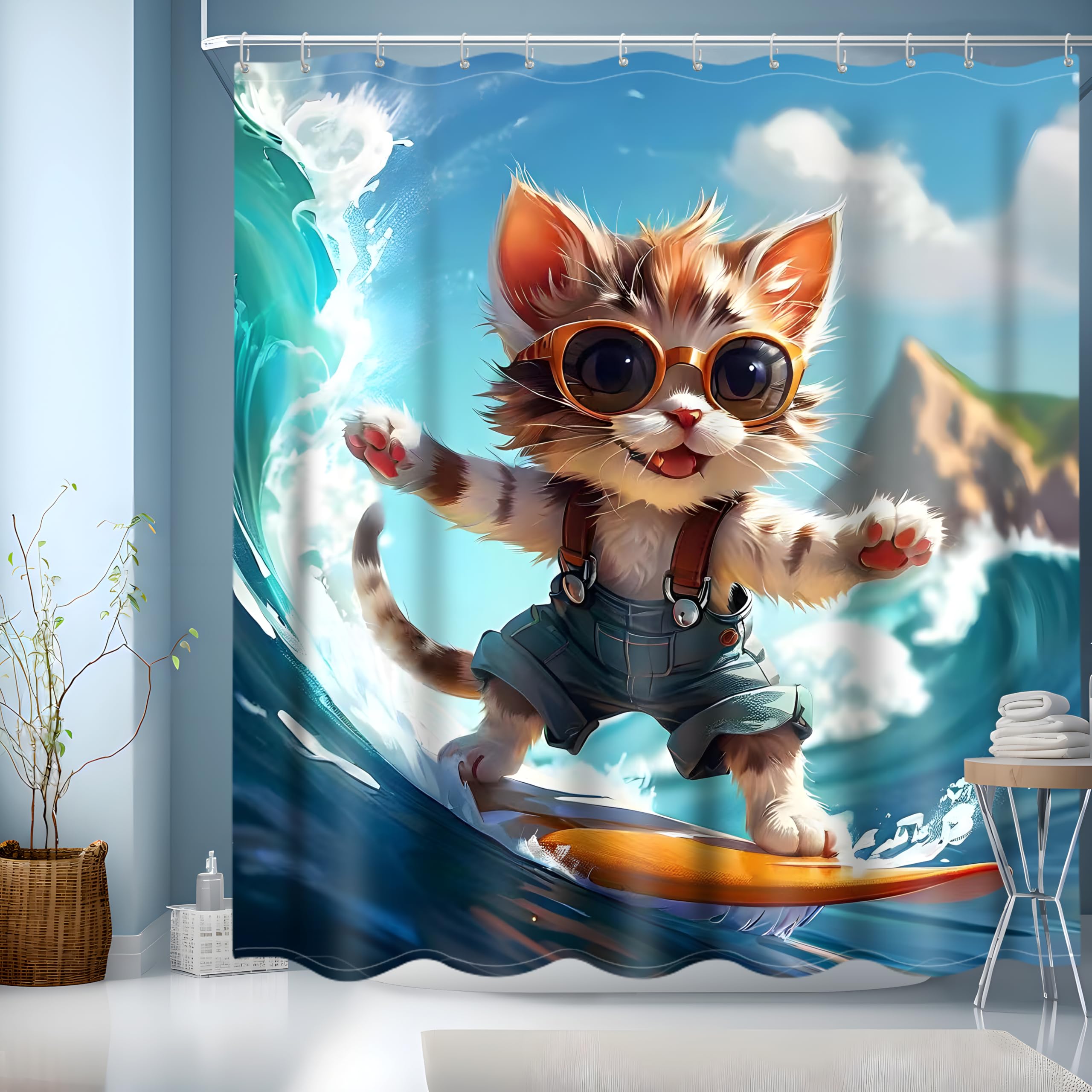 Hnmdmyi Grappige kat douchegordijn 180x180, schattig bruin kitten met badspons shampoo en blauwe handdoek badkamergordijnen kinderen kinderen cartoon waterdichte polyester stof wasbare badgordijnen