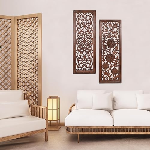 Vista 4 de Placas de madera para colgar en la pared, 36 x 12 pulgadas, juego de 2 paneles de decoración de pared de escultura elegante quemado para mejorar