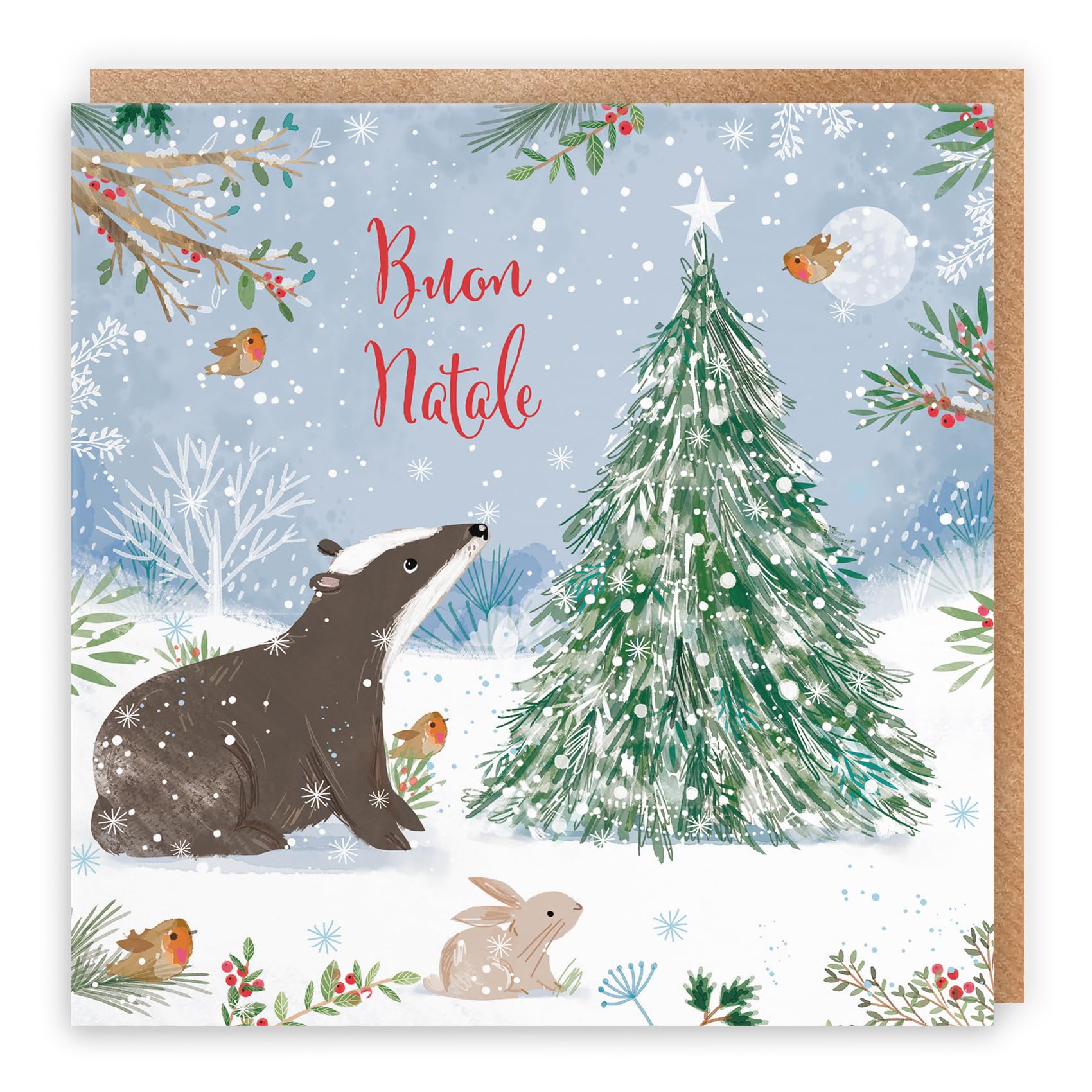 Hunts England, Badger Italian Christmas Card, Nature's Treasures, Happy Animal Wildlife Italian Language Fun Merry Xmas Card