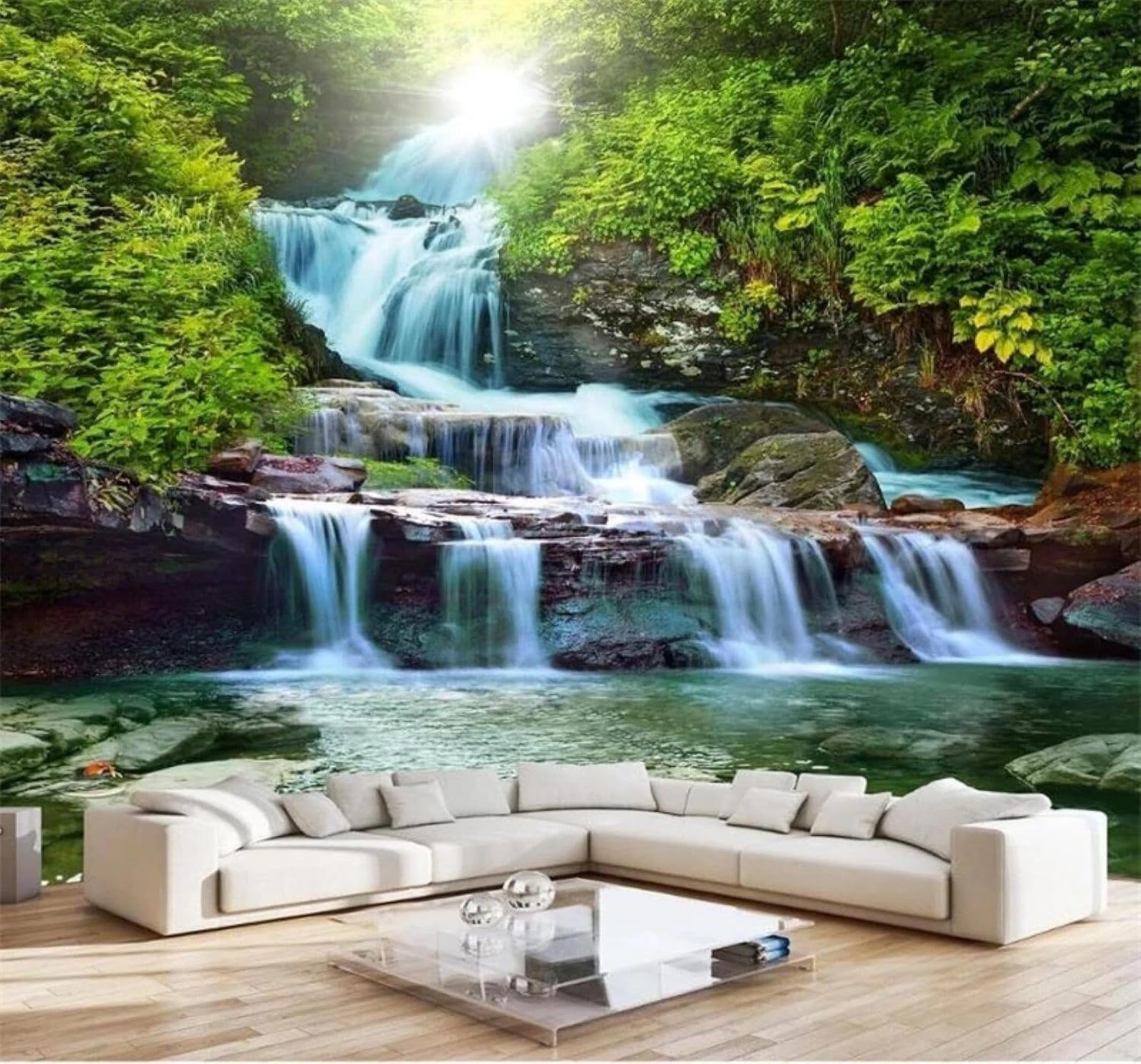 XLMING Fresh Plants Stream Waterfall Natural Scenery 3D Wallpaper Silky Texture Home Study Office Grey Dining Room Sofa Bedroom Living Room TV Backdrop-300cm×210cm