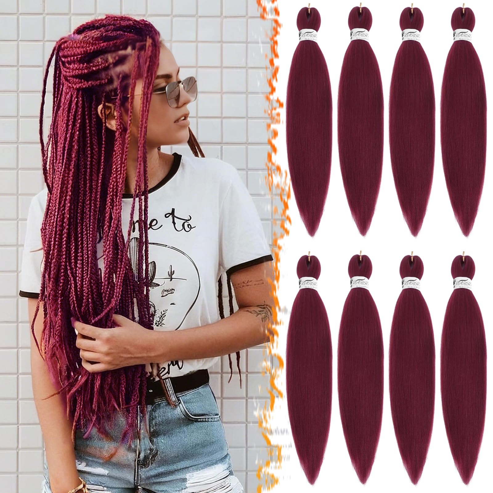 BARSDAR Pre Stretched Braiding Extensions, 66cm 8 Packs Rot Lange Hair Extension für Twist oder Box Braids EZ Yaki Hot Water Setting Synthetik Crochet - 900# Burgunder