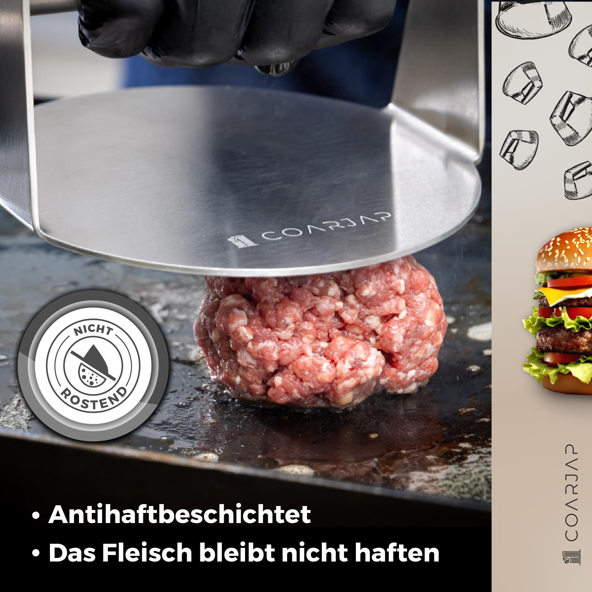 Burgerpresse Smash Burger - Burger Smasher Hamburgerpresse Edelstahl 304 – Smashed Burger Presse aus einem Stück – Inkl. 60 Burgerpapier & QR-Test lebensmittelecht – Spülmaschinenfest