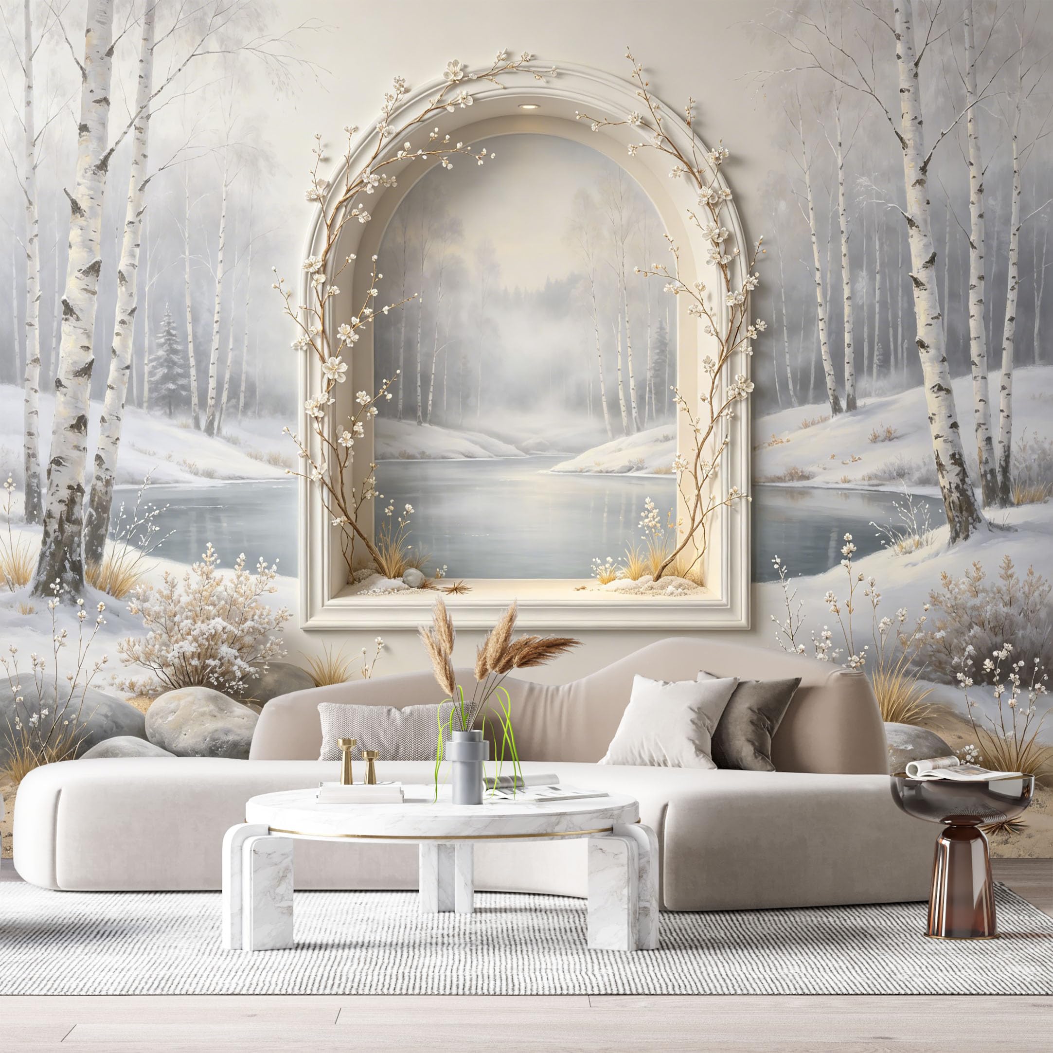 Custom Size Wall Murals Winter Forest Lake Birch Tree Archway 3D Trompe L'Oeil SelfAdhesiveWall Fabric Removable Wallpaper Wall Decor for Living Room Bedroom Bathroom