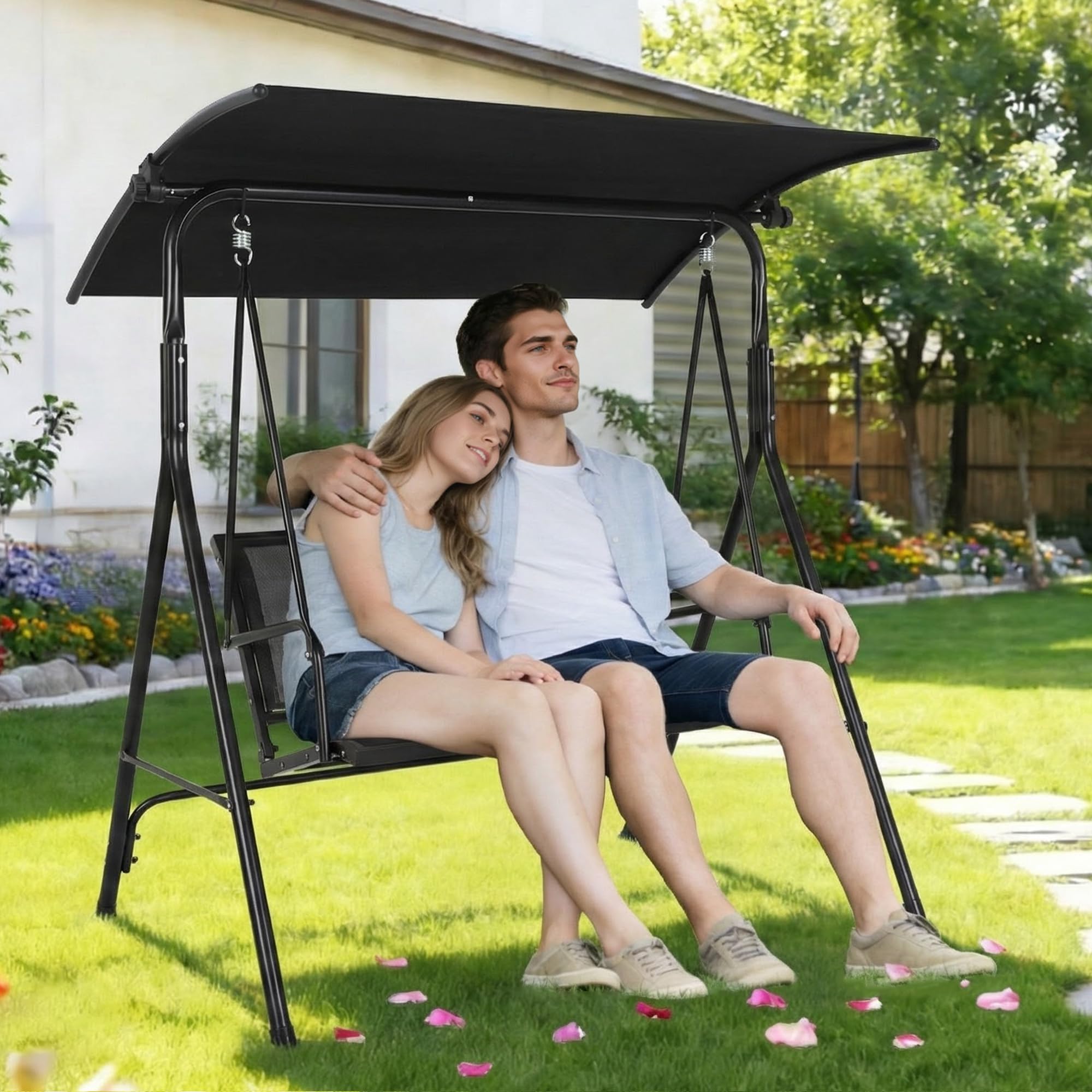 Dondolo da giardino a 2 posti, con tettuccio parasole regolabile, con piedini antiscivolo, per esterni, con telaio in acciaio, per giardino, prato e giardino
