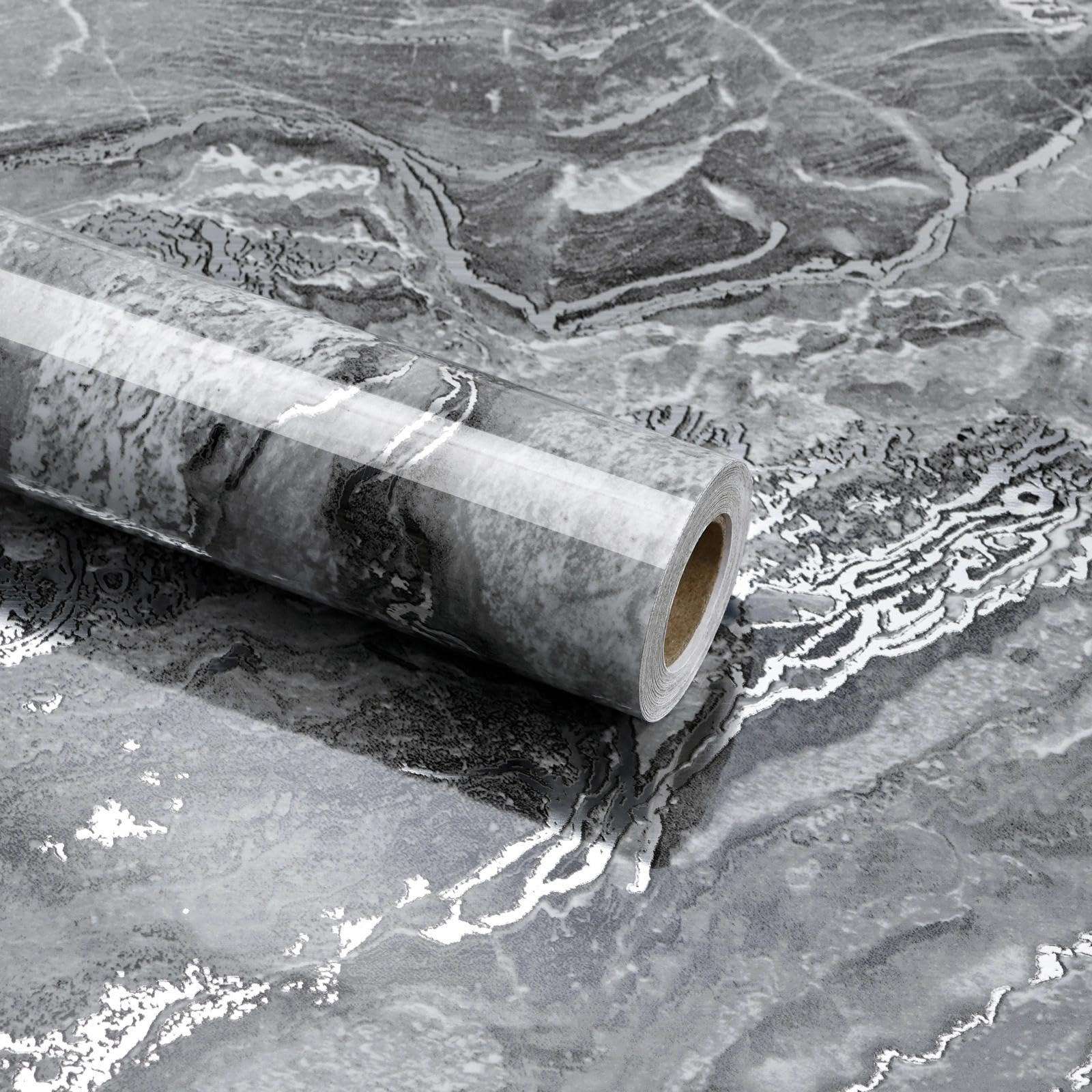 wishFIRE Marble Peel and Stick Wallpaper Grey Silver (60x1200cm) - Thick Marble Look Self-Adhesive & Waterproof Wallpaper, High Gloss Vinyl Film for Kitchen & Furniture