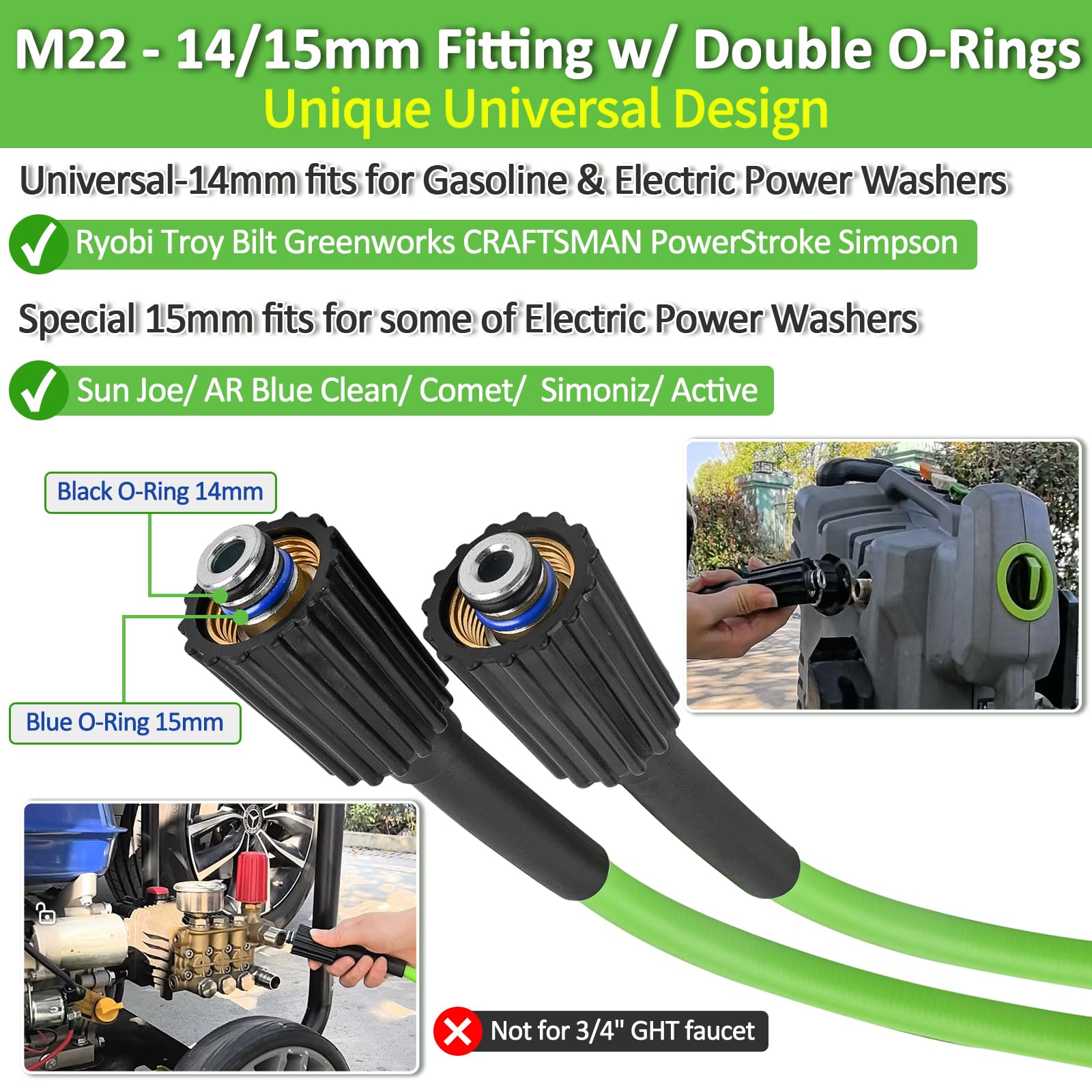 Manguera de lavado a presión suave y flexible M22, ajuste de latón, 10 m, 200 bar, manguera de extensión resistente a torceduras, manguera de repuesto para Ryobi, Troy Bilt, Greenworks, Craftsman