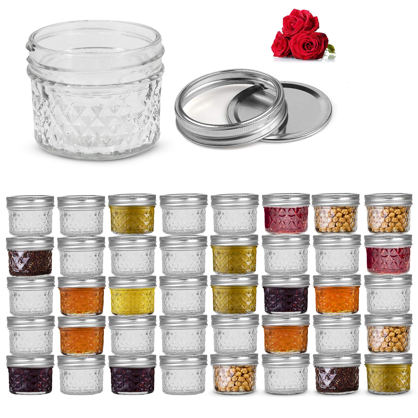 LovoIn 4oz 40 PACK Regular Mouth Mini Mason Jars with Lids and Bands, Quilted Crystal Jars Ideal for Food Storage, Jam, Body Butters, Jelly, Wedding Favors, Baby Foods