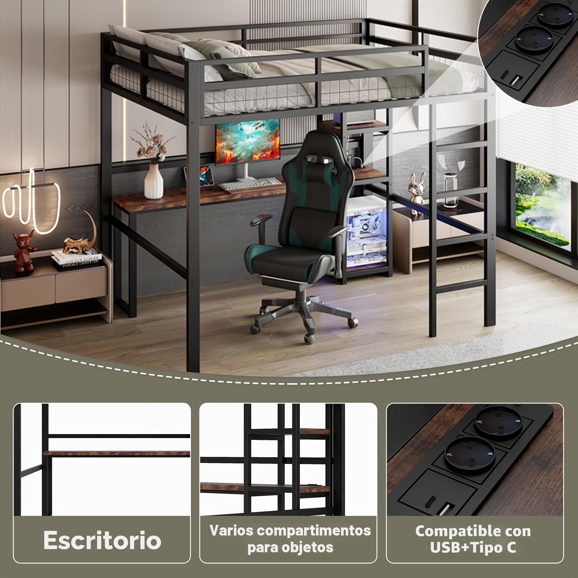 Dolamaní Cama alta para adultos, 140 x 200 cm, marco de cama de metal con enchufe, cama de metal con USB Type-C y varios estantes, capacidad de carga de 150 kg (negro)