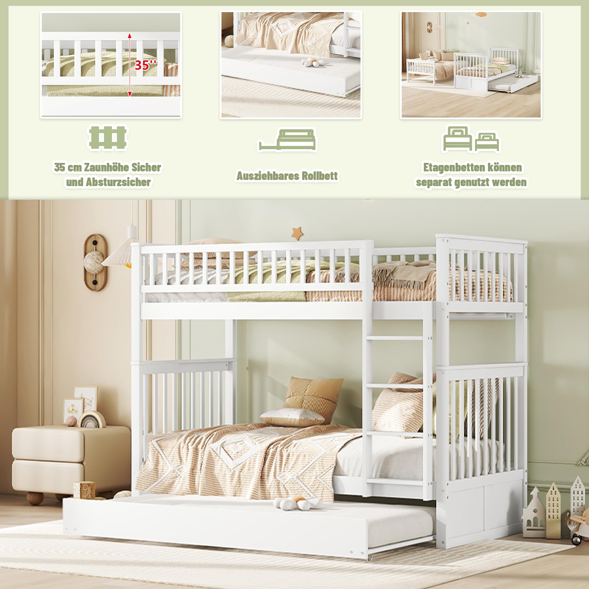 90 x 200 cm Litera, cama triple, cama infantil de madera con cama nido de 90 x 190 cm, barandilla alta, escalera estable, con somier (blanco), WX000811