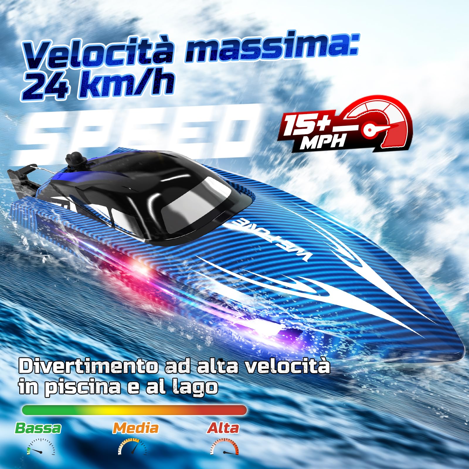WeFone Barca telecomandata per adulti, 25+ KMH Fast RC Speed Boat con luce LED per bambini, Demo, WF17 Ideale per piscine e laghi giocattolo, 2 batterie ricaricabili per 30-40 minuti (blu)