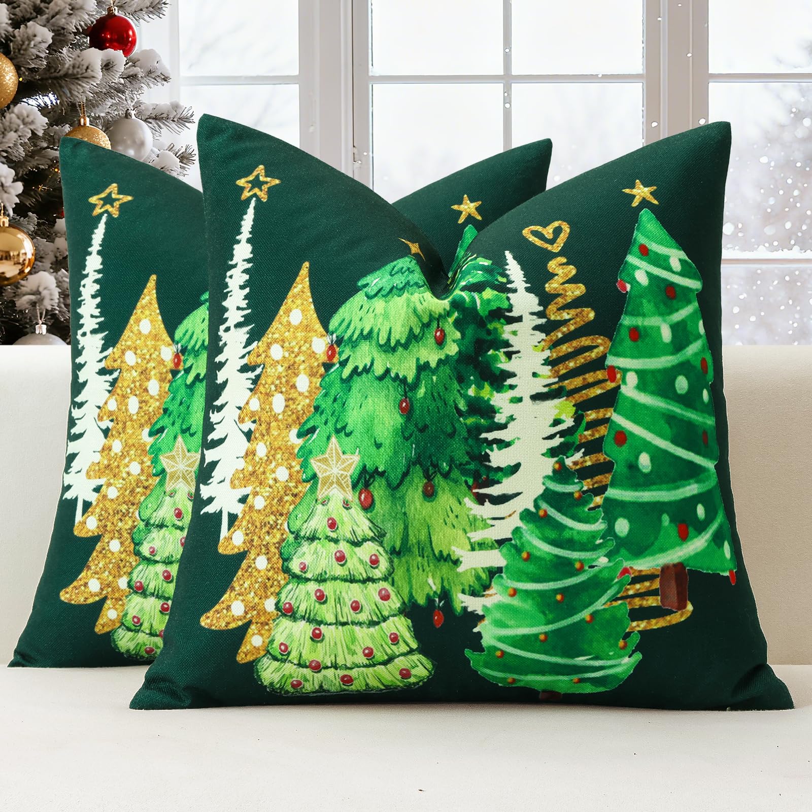 Kawani Set Di 2 Federe Per Cuscini Decorative Con Albero Di Natale, 50x50 Cm, Verde E Beige, In Lino Di Cotone