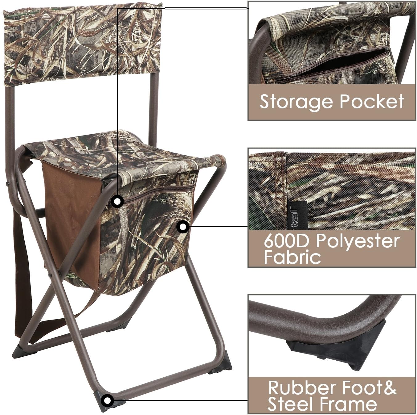PORTAL Folding Seat, Lightweight Backrest Stool Hunting Fishing Chair with Storage Pocket for Camping, Hiking, Beach, Picnic, Support Up to 225 lbs, Camouflage