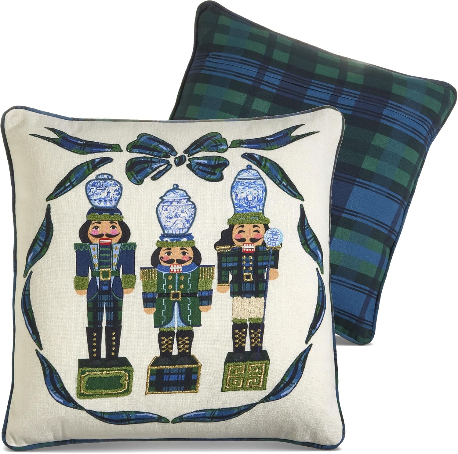 Raz 18 Inch Square Nutcracker Pillow with Black Watch Pattern, Plaid Back, Insert Included, 4419377