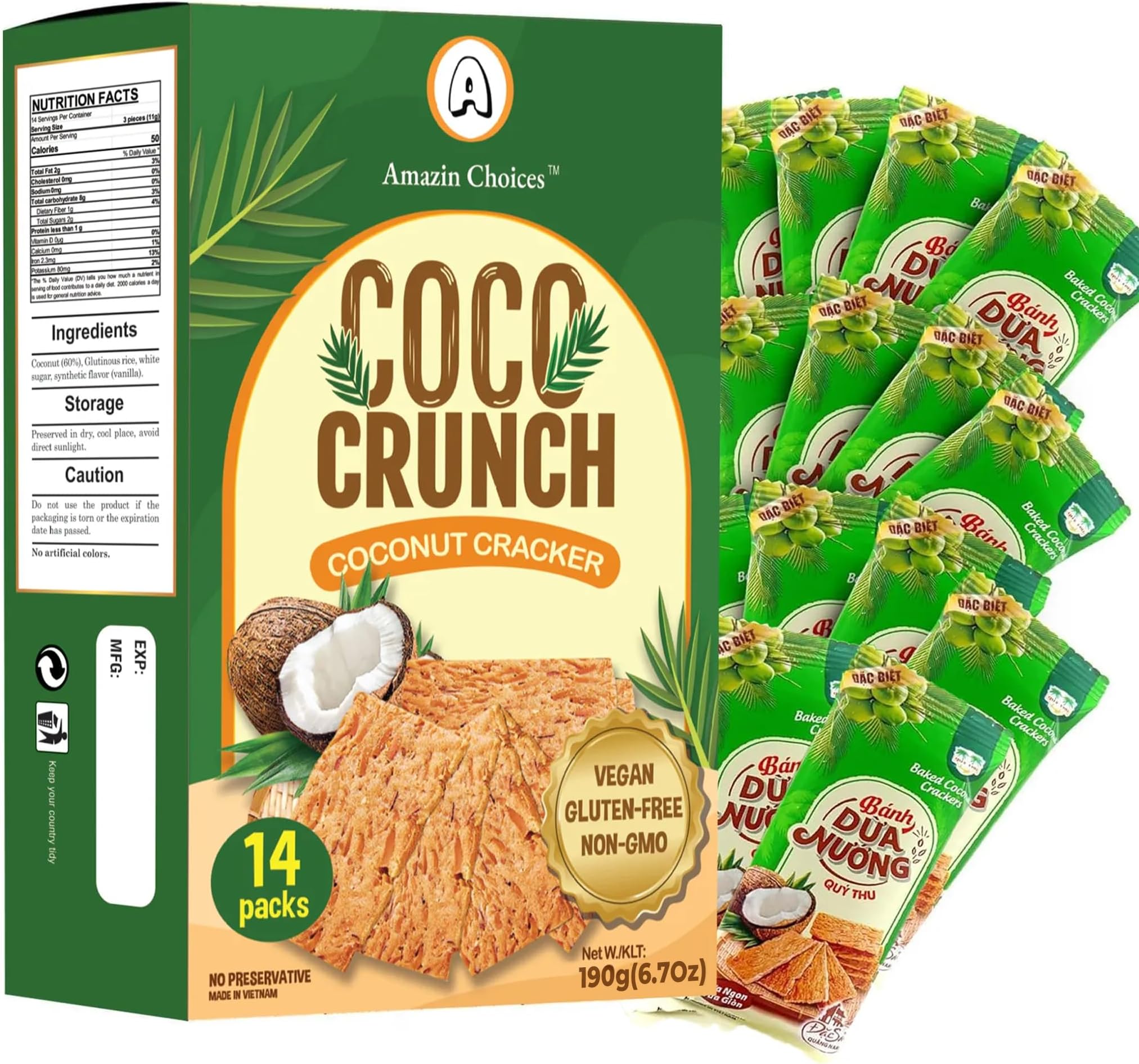 COCO Crunch Coconut Crackers by Amazin Choices – Crispy Vegan Coconut Chips, Plant-Based Toasted Cookie Thins, Healthy Tropical Snack for Adults Kids (Pack of 1)