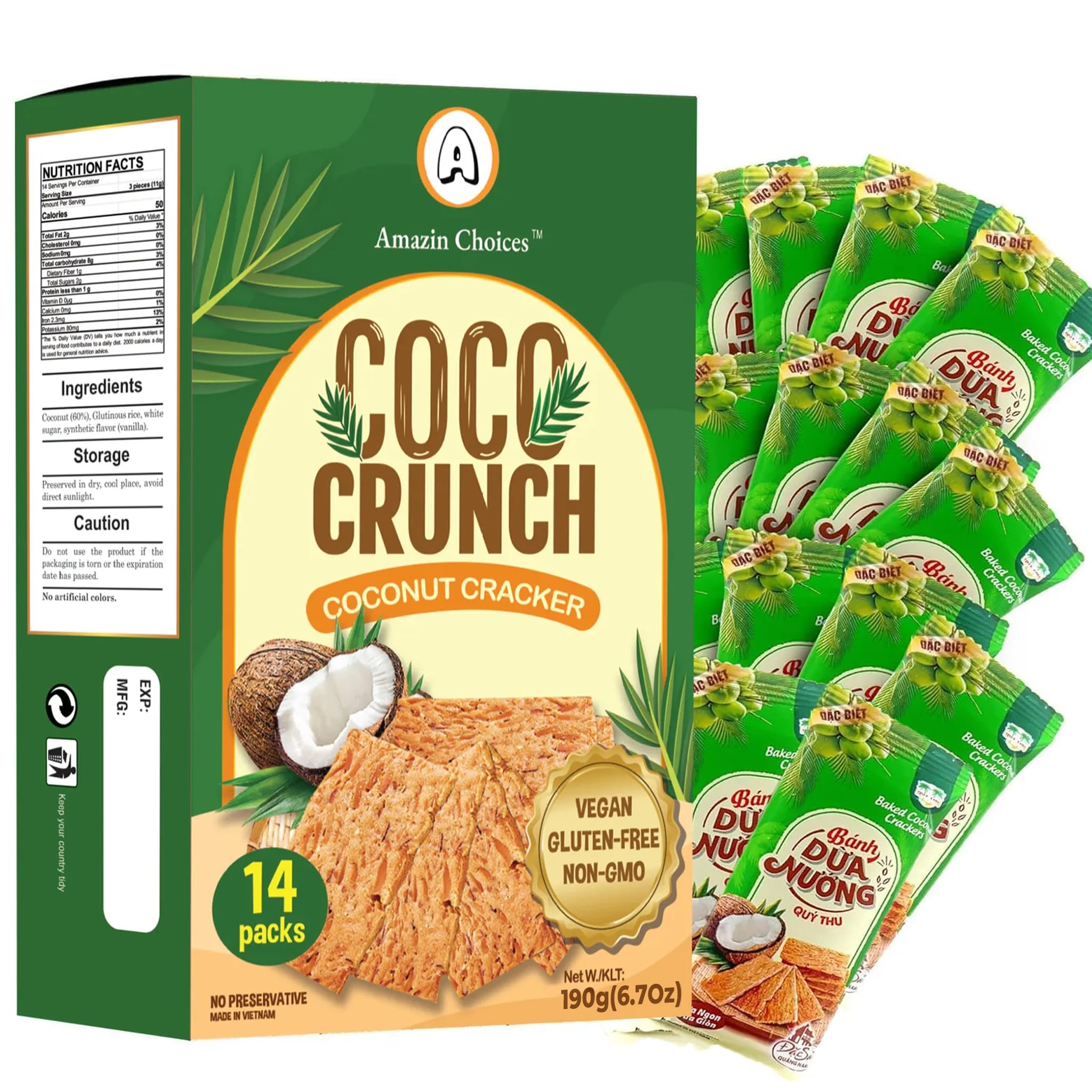 COCO Crunch Coconut Crackers by Amazin Choices – Crispy Vegan Coconut Chips, Plant-Based Toasted Cookie Thins, Healthy Tropical Snack for Adults Kids