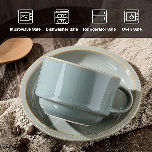 Miniatura 3 de JIEMEI HOME - Tazas de capuchino apilables de porcelana con platillos y soporte de metal, tazas de espresso de 7 onzas para café con leche, bebidas