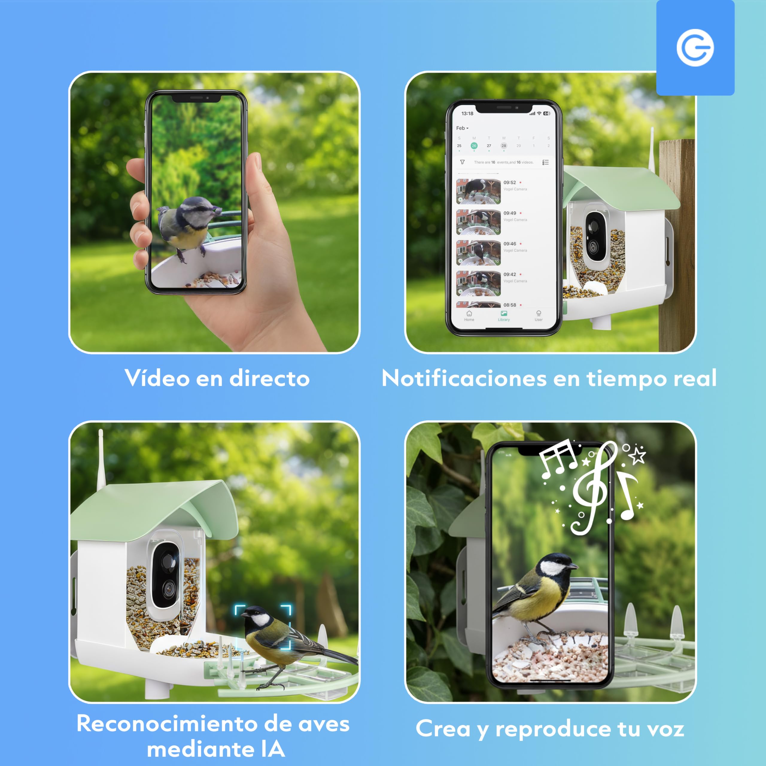 Silvergear® Alimentador de pájaros inteligente | Comedero Automático Para Pájaros Con Cámara | Para Pájaros Con Panel Solar | Vídeos En Directo Y Notificaciones En Tiempo Real