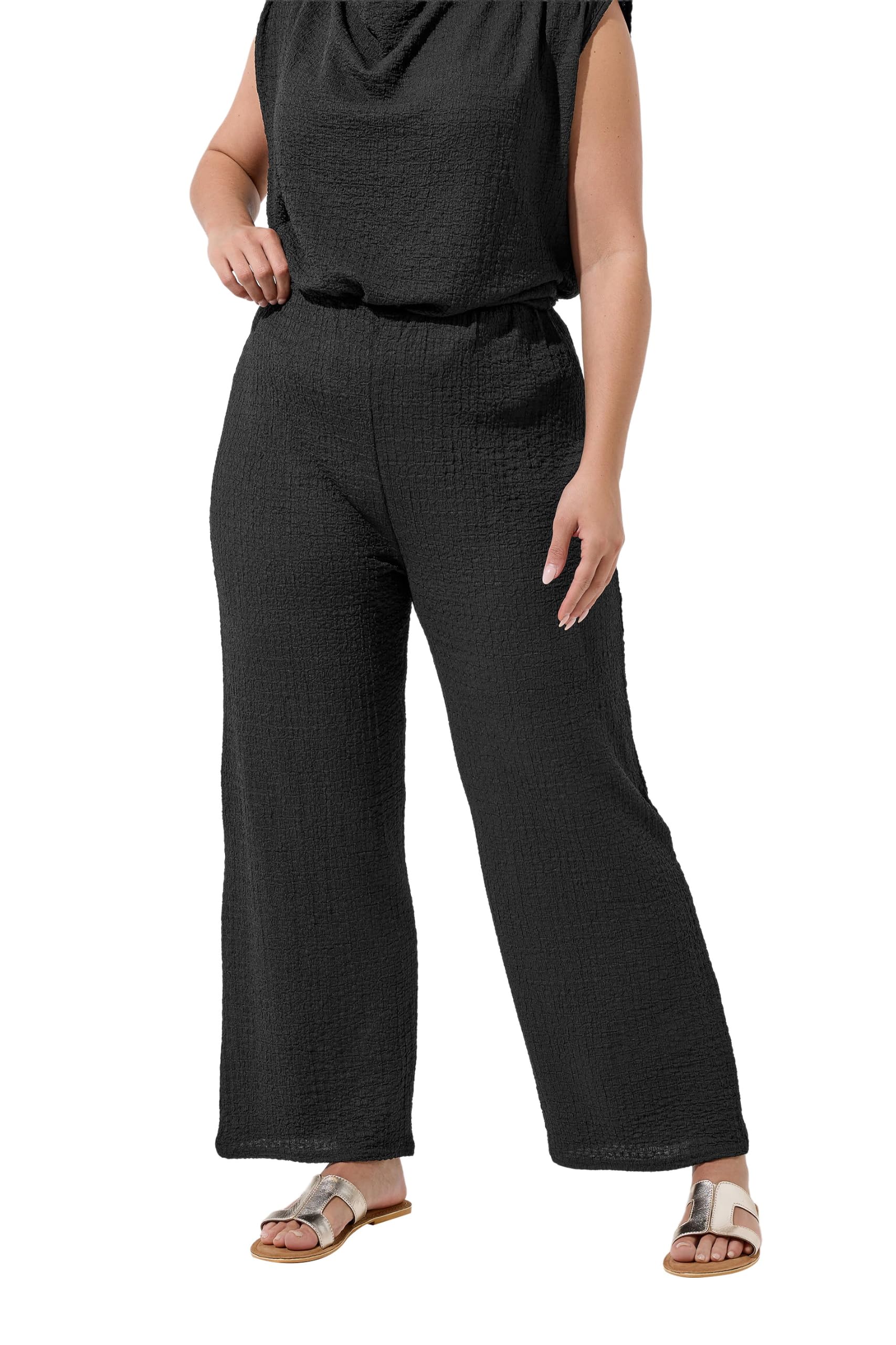 Yours Women's Black Textured Wide Leg Trousers In | Size: 22/24