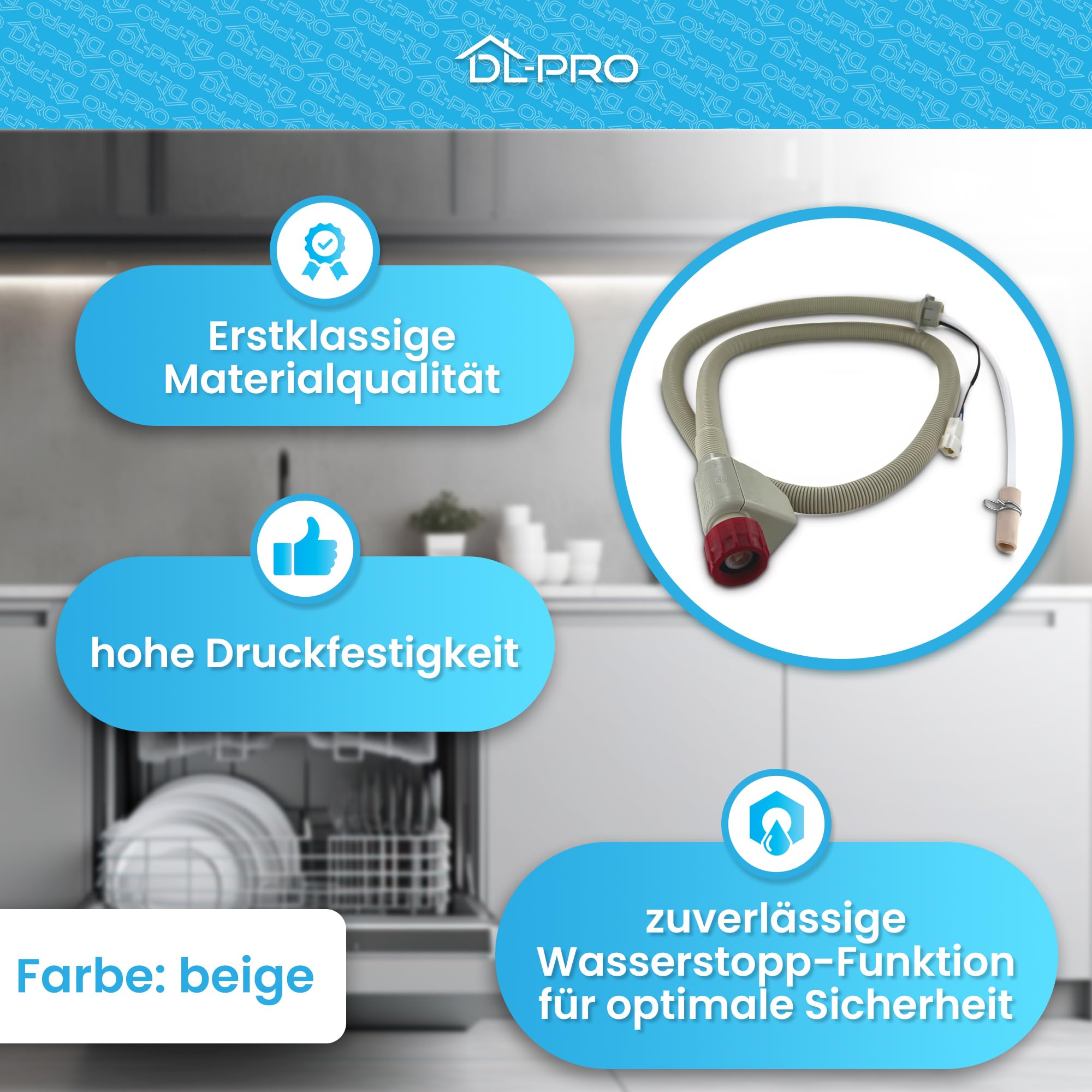 DL-pro Manguera de entrada de agua 1,5m para lavavajillas y lavaplatos para AEG Electrolux Juno 14018058901/6 140180589016 14018058901 Aquastop