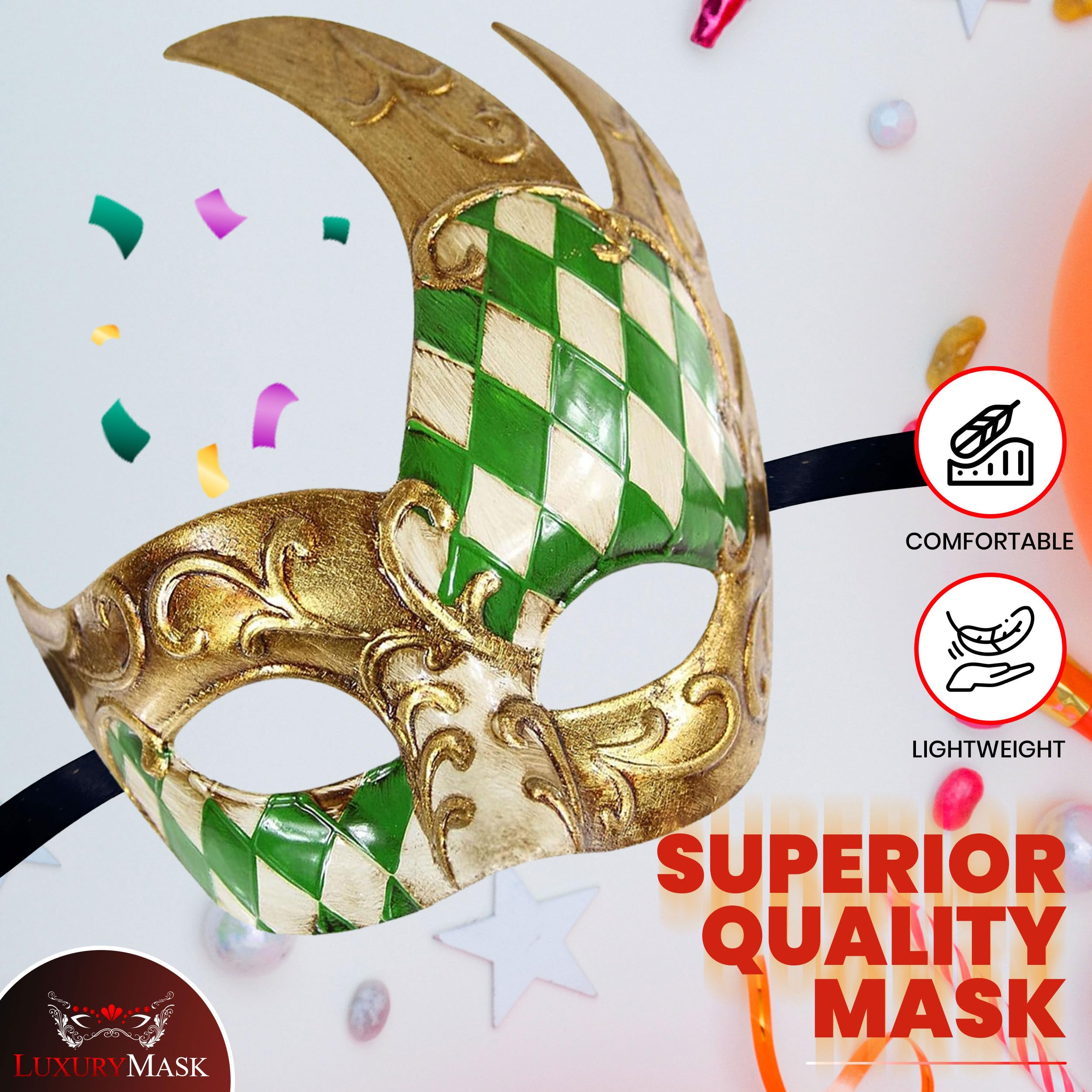 Luxury Mask Men's Vintage Design Venetain Prom Mardi Gras Musical Checkered Masquerade One Size Green/Gold Checkered - Image 4