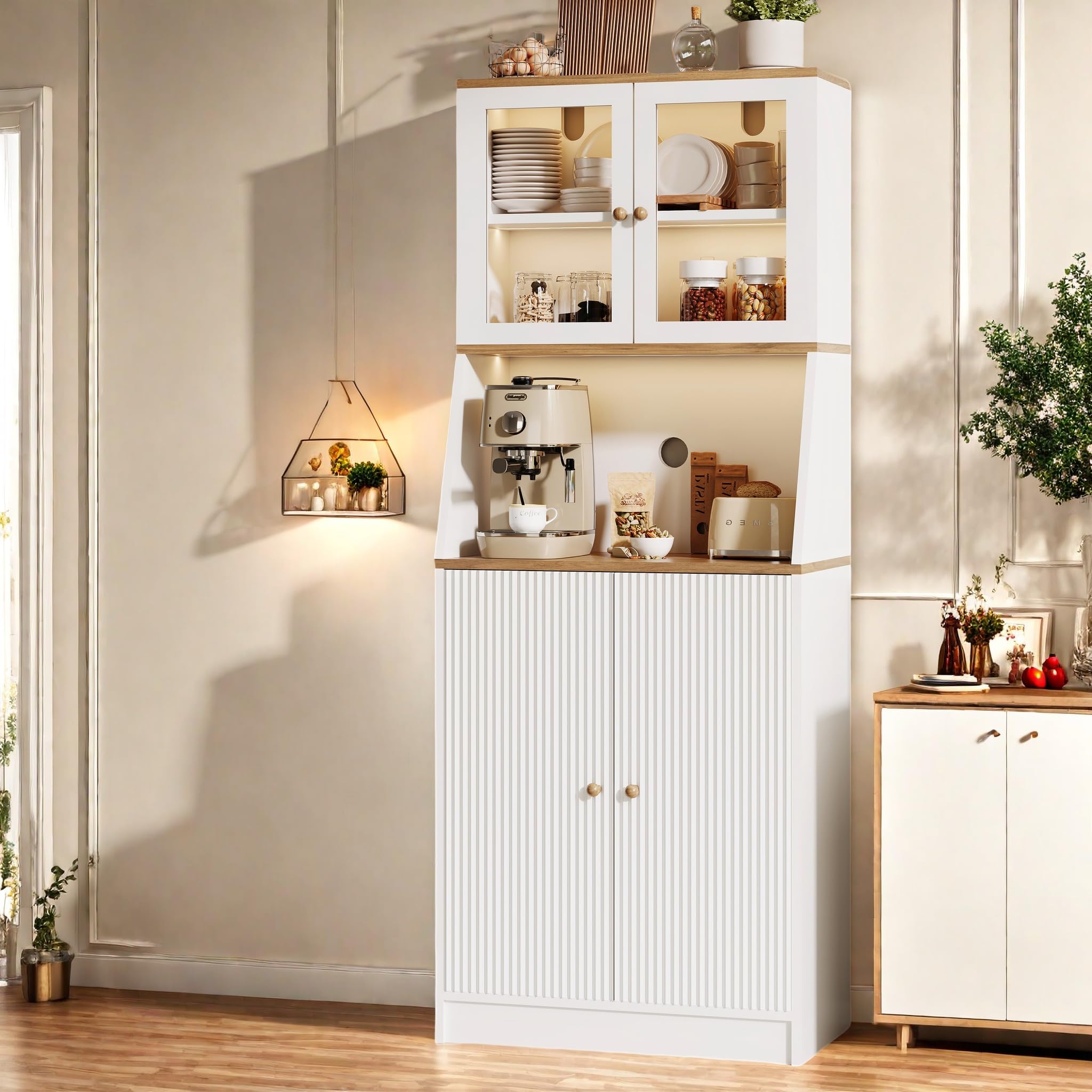 Küchenschrank 180cm mit 4 Türen und 5 Ebenen, Küchenbuffet mit Glastüren, Küchenschrank mit LED, Aufbewahrung mit Arbeitsplatte, Freistehender Küchenschränke Sideboard (Weiß)