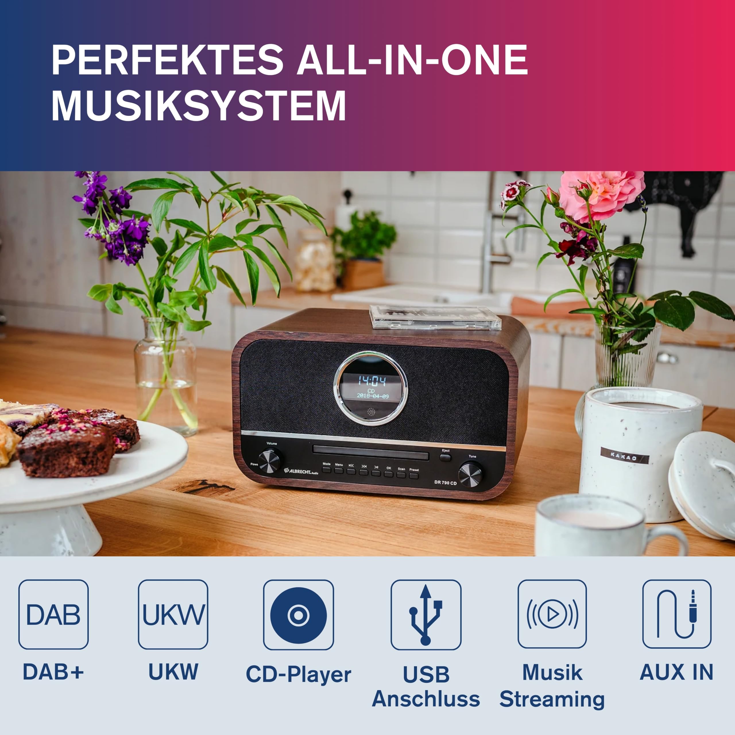 Albrecht DR 790 CD Digital-Radio DAB+ & UKW, multifunktional, CD-Player, Fernbedienung, Streaming & USB, Küchen-Radio, Holzgehäuse dunkelbraun