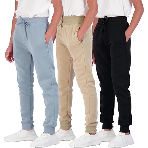 Real Essentials 3 Pack: Boys Youth Active Athletic Soft Fleece Jogger Sweatpants