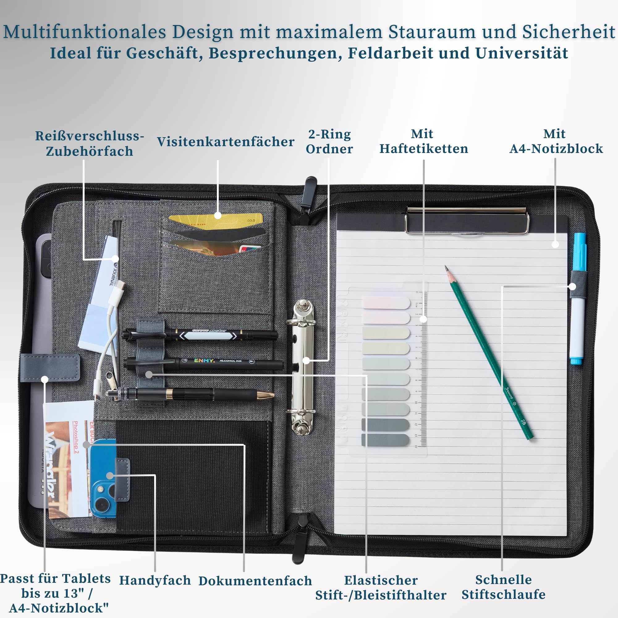 AMKSONS A4 Konferenzmappe mit Reißverschluss & 2-Ringbuch – Schreibmappe A4 mit Tabletfach, Klemmbrett, Notizblock, Kartenfächer – Stoff Dokumentenmappe, Ringmappe Organizer DIN A4 Schwarz