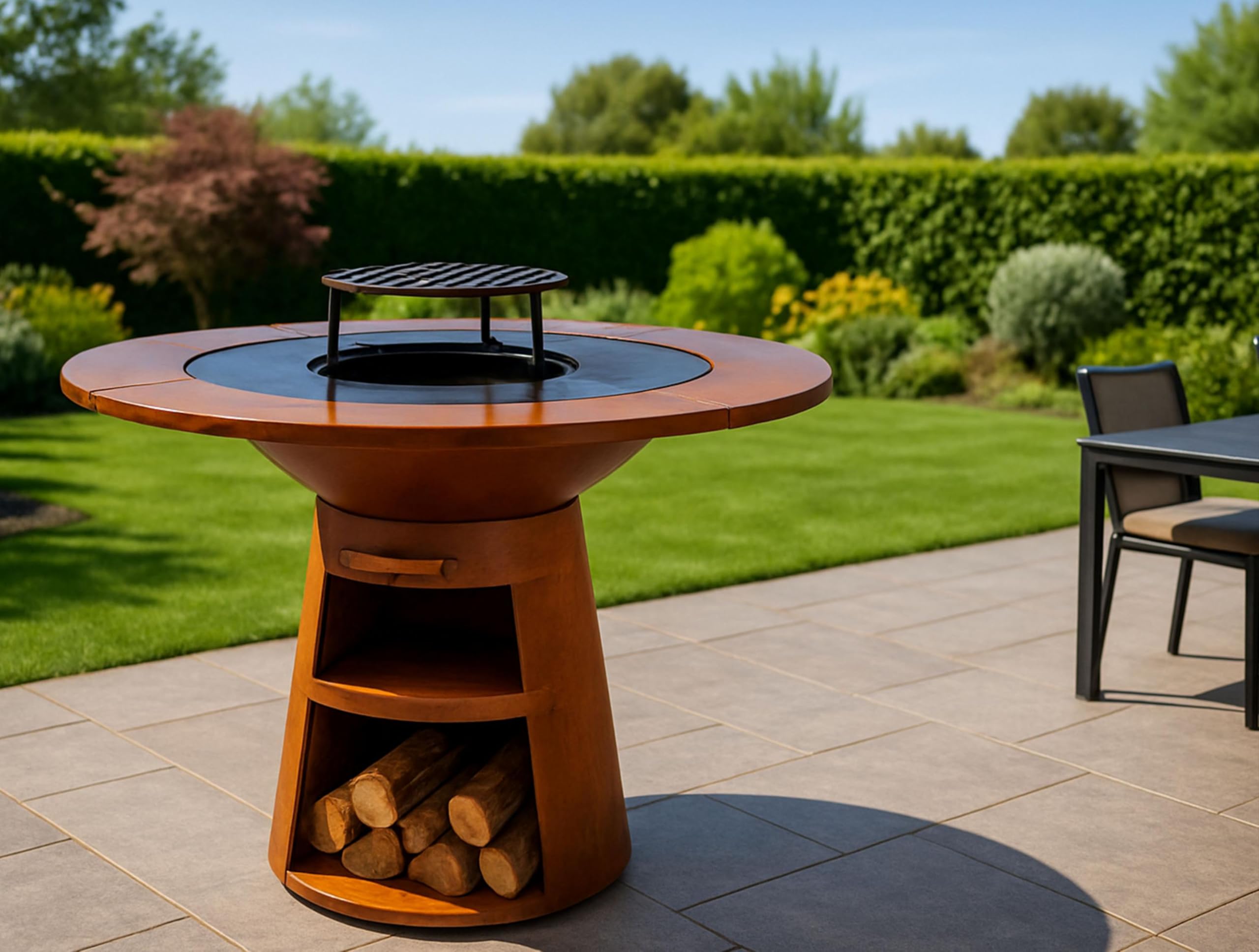 PURLINE | Barbecue rotondo con piastra in acciaio per giardino, terrazzo o patio esterno - Griglia circolare con bordo perimetrale in legno naturale e ampia superficie di cottura (EFP59CO WOOD)