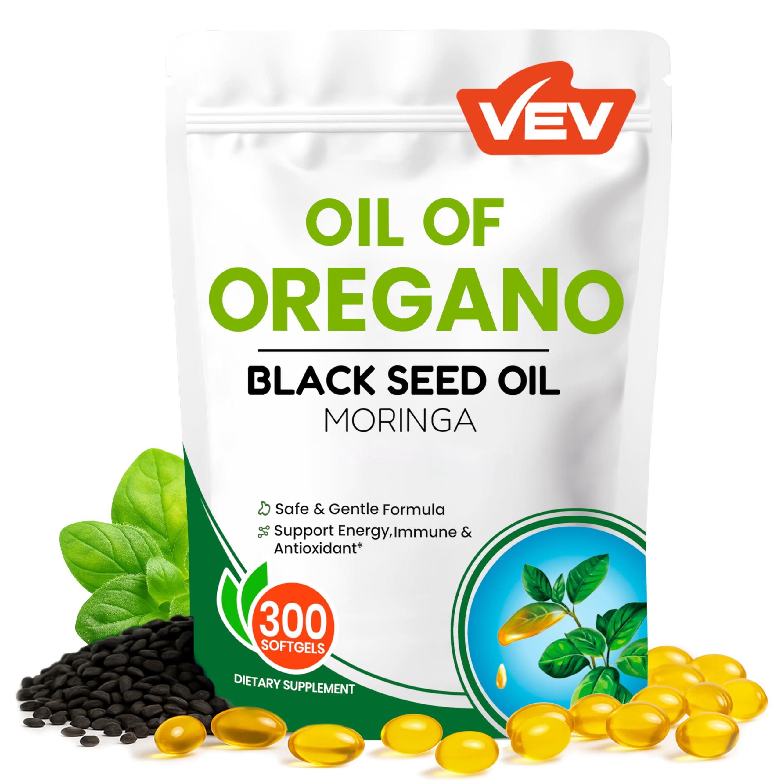 VEV 6000mg Oil of Oregano with Black Seed Oil & Moringa, Aceite de Oregano, Carvacrol-Rich, Organic, Opaque Airtight Packaging, 300 Softgels (Packaging May Vary)