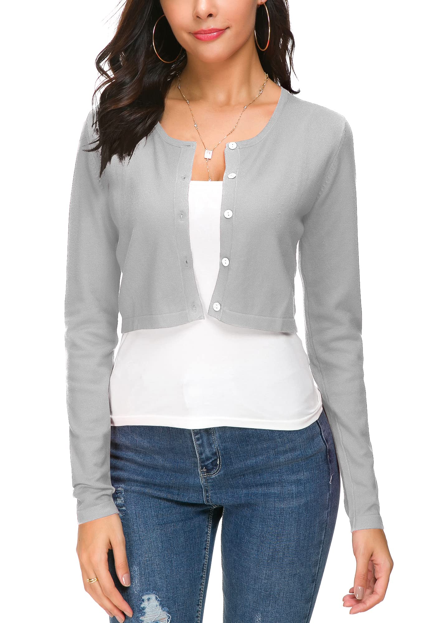 Mujeres Casual Manga Larga Bolero Cuello Redondo Corta Cárdigan Elástico Suéter de Punto Shrug con Botones