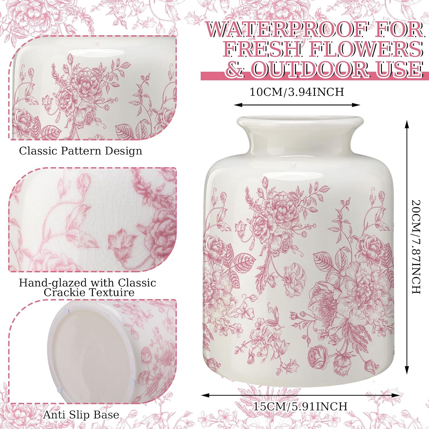 Pink Vintage Floral Vase Retro Rustic Chinoiserie Floral Vase Ice Cracked Ceramic Large Holder for Home Decor Bookshelf Office Living Room Chinoiserie Decors