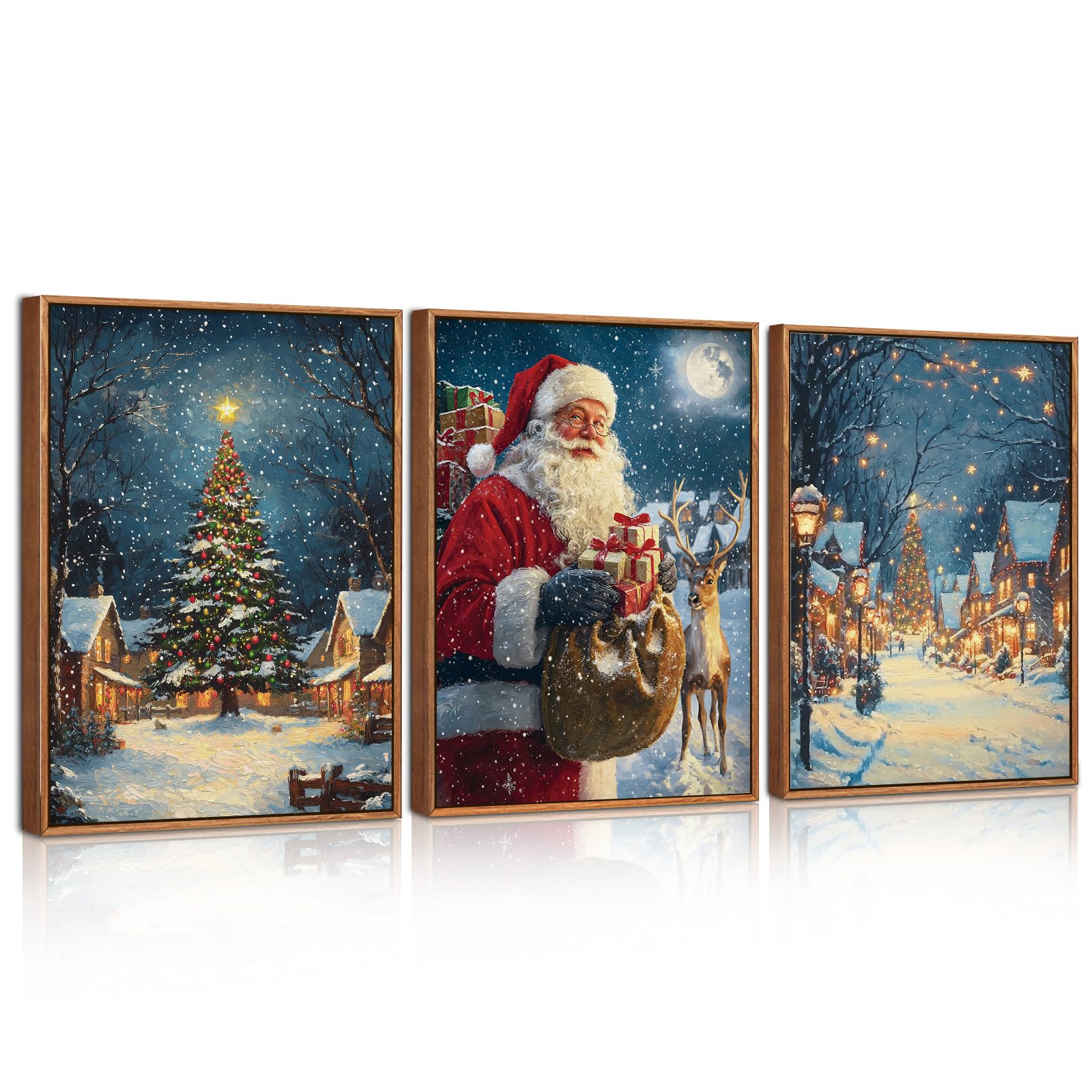 ANHUIB Christmas Wall Art Set of 3 Satan Claus Canvas Framed Paintings Santa Claus Reindeer Artwork Christmas Tree Winter Village Scene Prints Festive Decor for Living Room Bedroom Fireplace 30x40cm