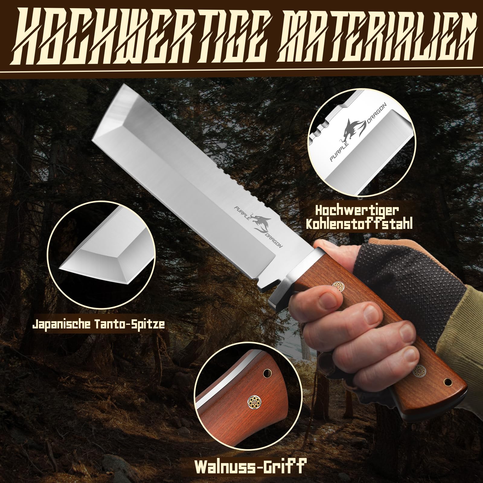 Purple Dragon Großes Messer zum Holzhacken, Machete Scharf Echt mit 7mm Klingenrücken, Tanto Messers mit Scheide, Outdoor Messers aus Hochkohlenstoffstahl gefertigt, Geschenke für Männer