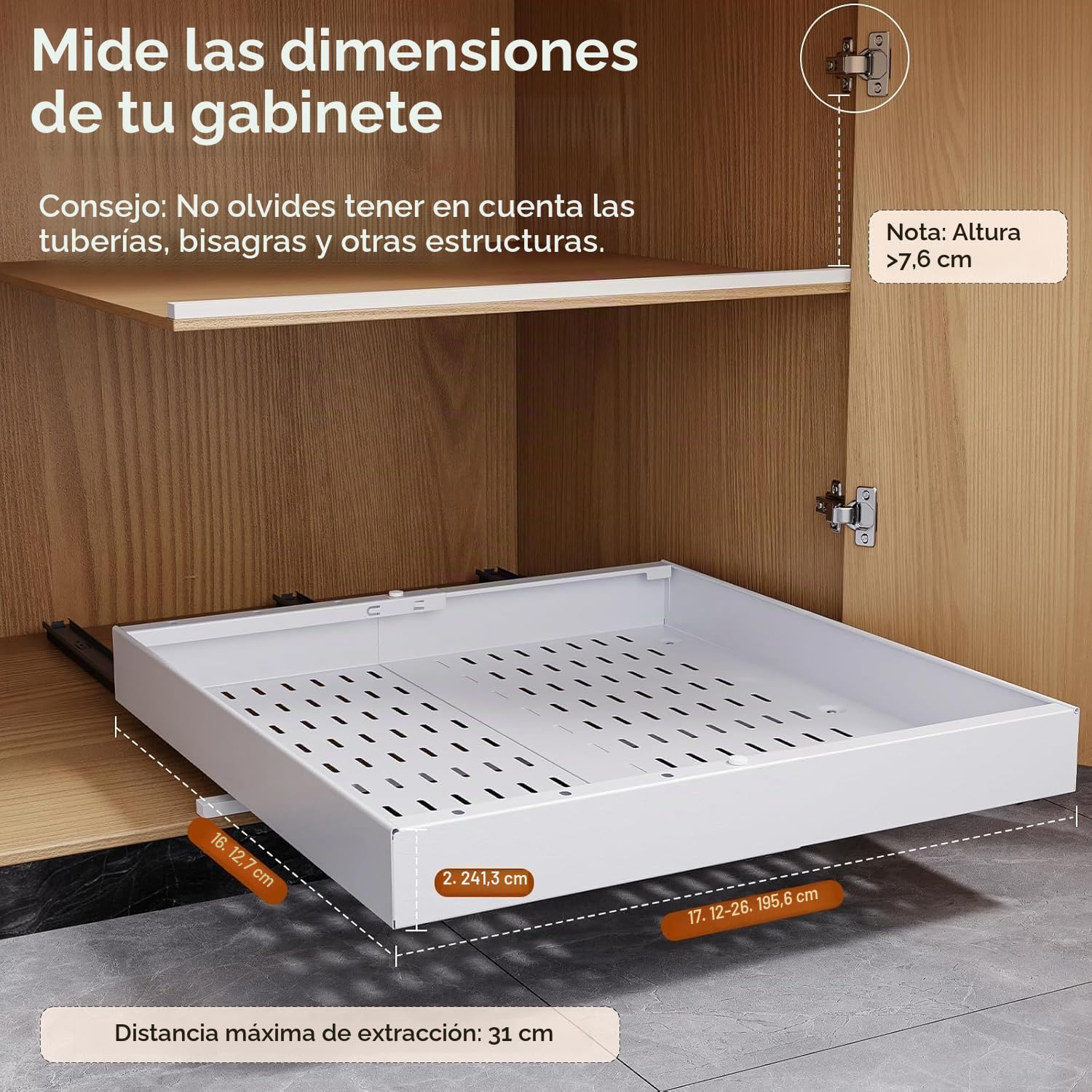 Bandejas Extraibles Armarios Cocina，Paquete de 2 Cajones Extraibles para Cocina， Bandeja Armario Telescópico Adhesivos，Cajones Deslizables y Estantes para la Despensa, Ancho Ajustable de 43.5 a 68 CM