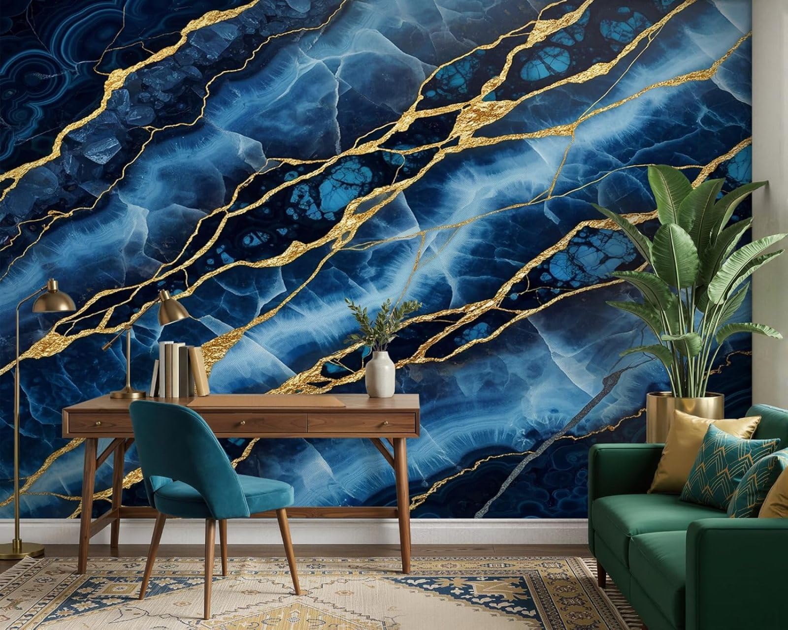 Papier peint marbre bleu et or 3D pour sublimer la décoration de votre chambre