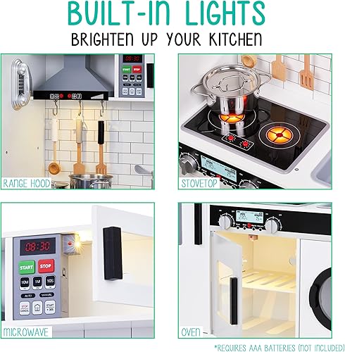 Miniatura 13 de Lil' Jumbl Juego de cocina rosa para niños, cocina de juego de madera de simulación, máquina de hielo a pilas, microondas, campana extractora