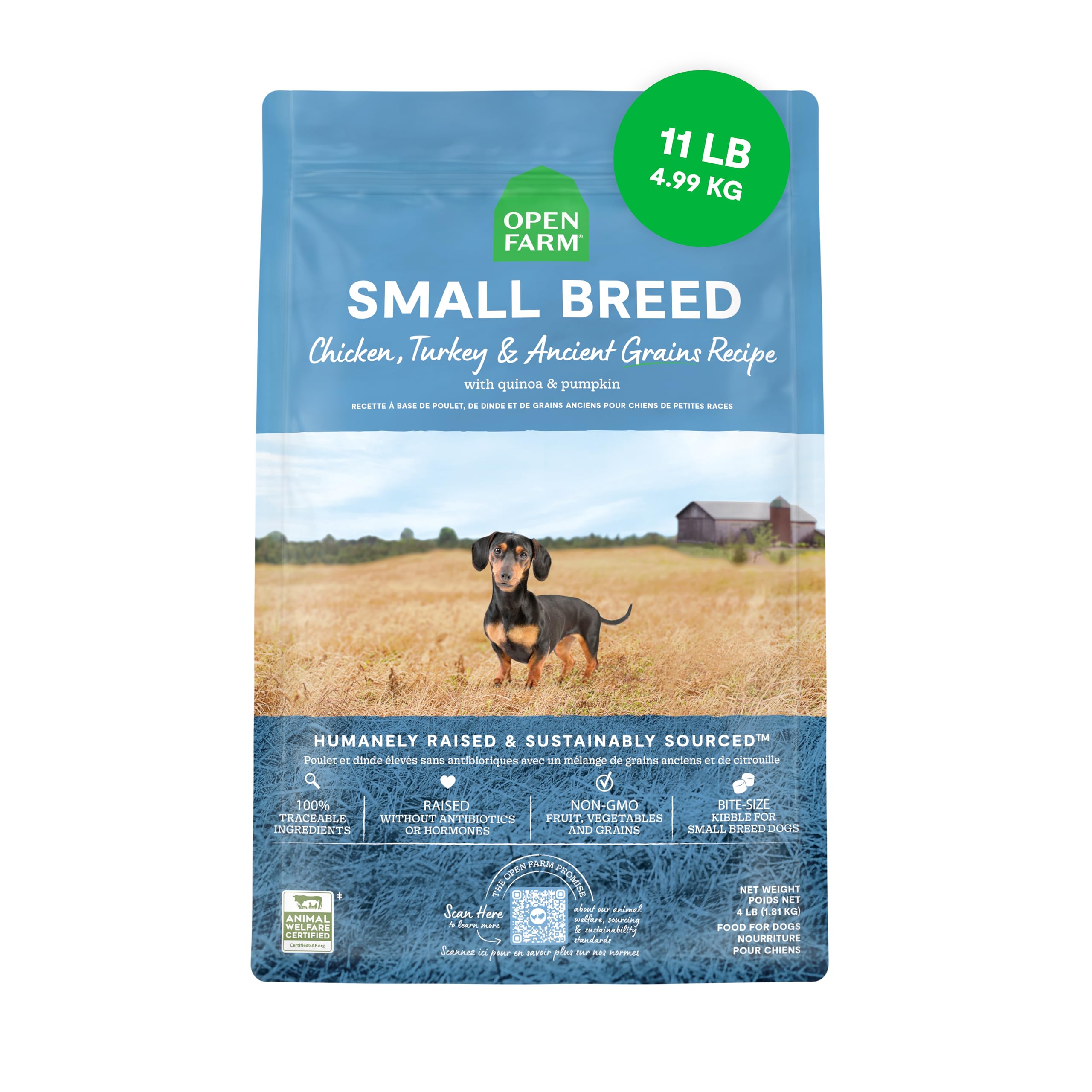 Open Farm, Ancient Grains Dry Dog Food For Small Breeds, Protein-Rich & Nutrient Dense, 90% Animal Protein With Non-GMO Fruits, Veggies and Superfoods