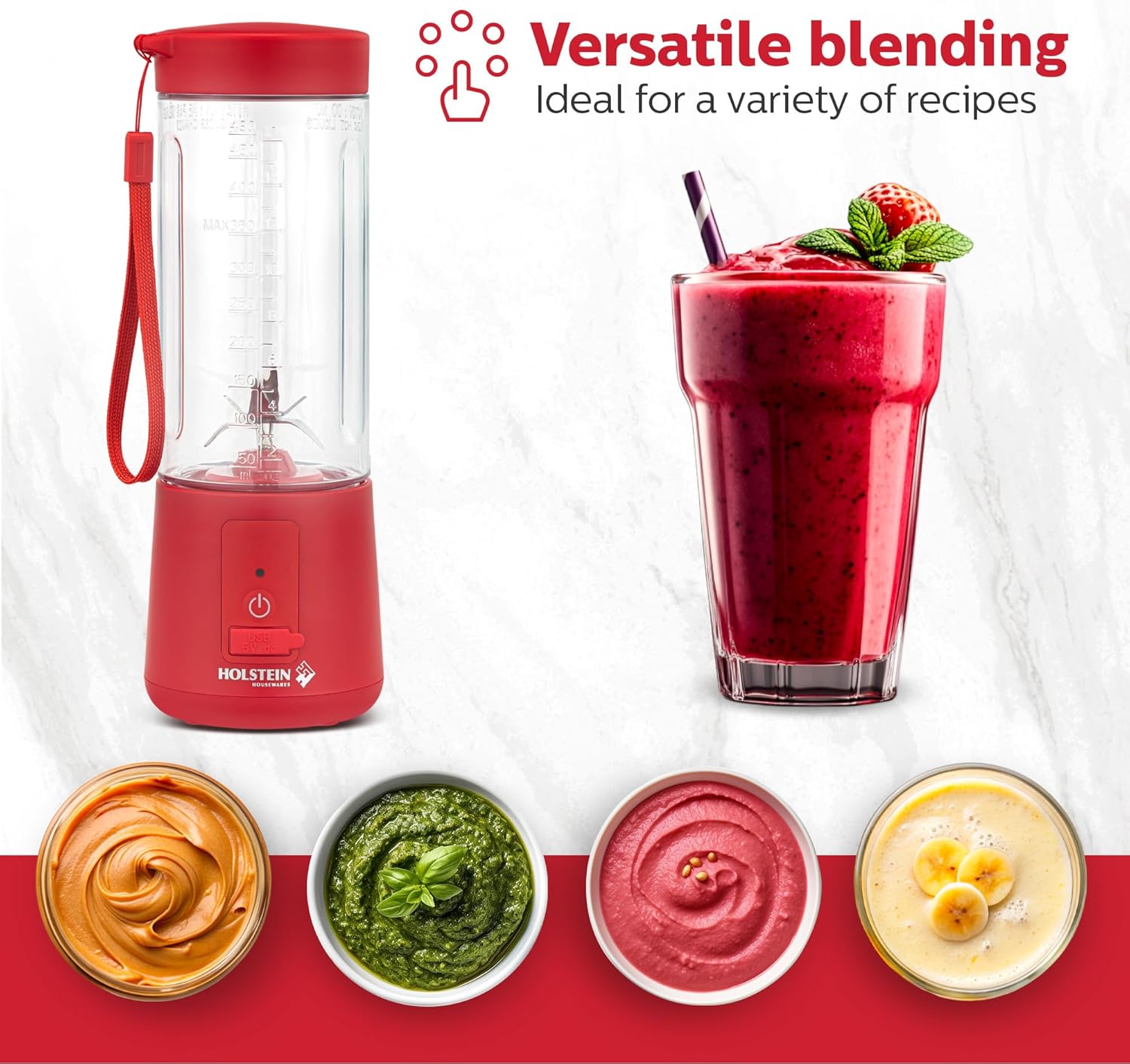 Holstein Housewares - USB Portable Blender, 16oz Personal Smoothie & Shake Maker with Rechargeable Battery, Type-C Fast Charging, Spill-Free Lid & Indicator Light - Red