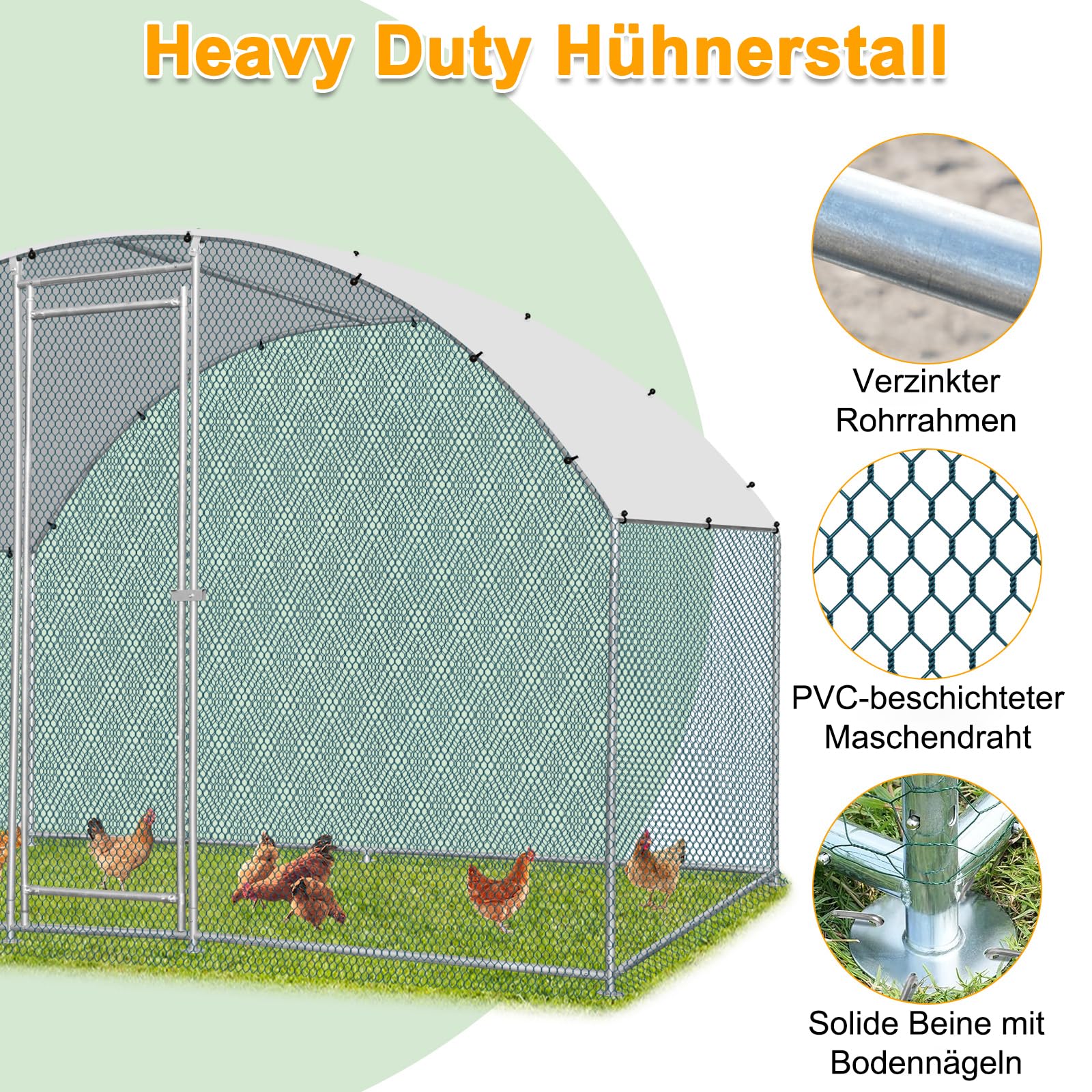 LEADZM Gallinero, 3 x 2 x 2 m, cercado para gallinas, 6 m², gran recinto con polietileno impermeable, de acero galvanizado, cúpula