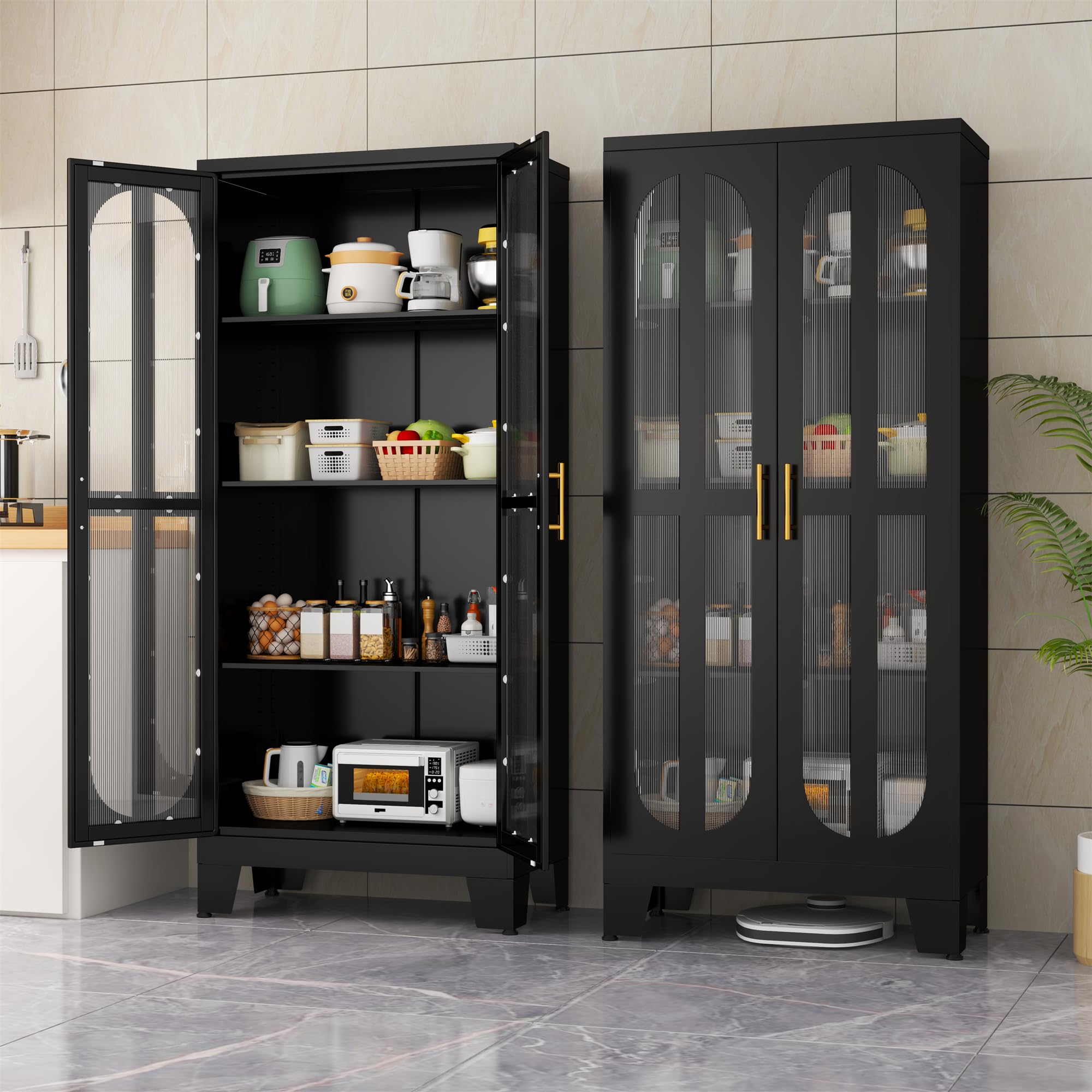 erosoeiMetal Kitchen Pantry Storage Cabinet,Food Pantries Cabinets with Acrylic Glass Doors and Adjustable Shelves,Storage Cupboard for Kitchen, Living Room, Laundry Room and Dinning Room 61.02”H