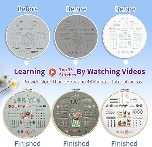 Miniatura 4 de ETSPIL Kit de bordado de 3 juegos para adultos principiantes, aprende 33 puntadas diferentes, incluye patrón de flores estampadas, aro, hilos de