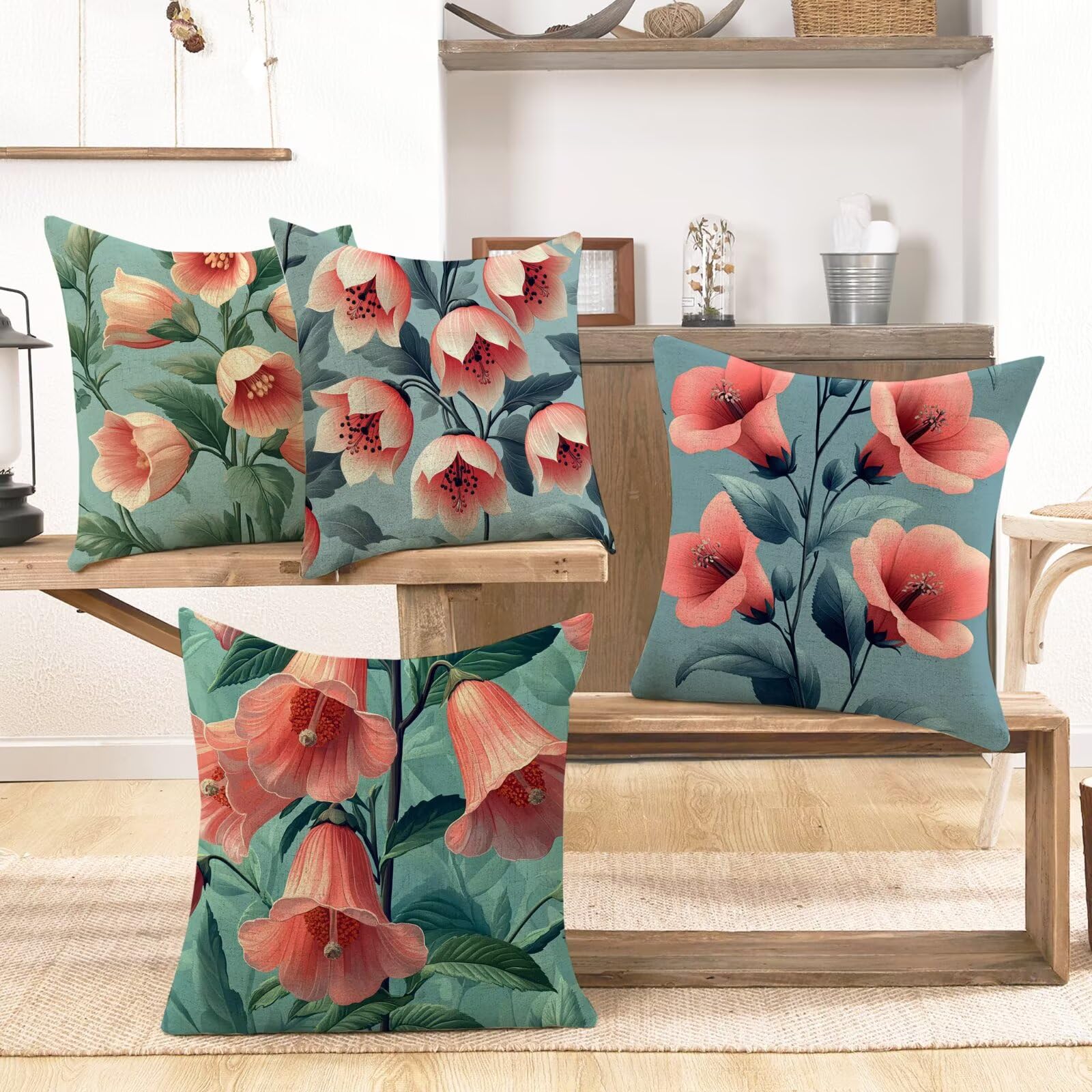 Housse de coussin imperméable extérieur 35x35 lot de 4 taie oreiller fleur rose f253