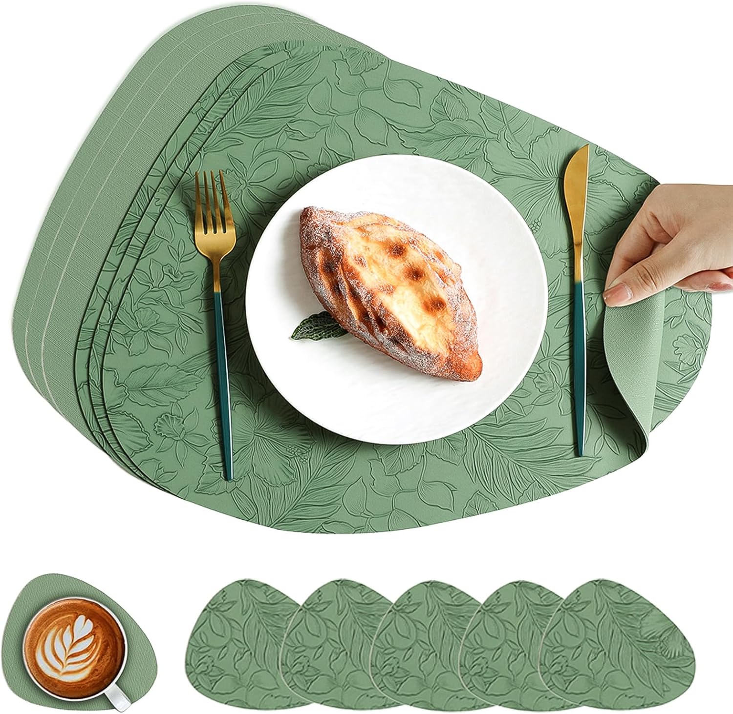 PU Leather Placemats Set of 6, Waterdrop Shape Embossed Floral Table Mats, Waterproof Heat Resistant Faux Leather Placemats for Dining Table, Easy to Clean(Gray)