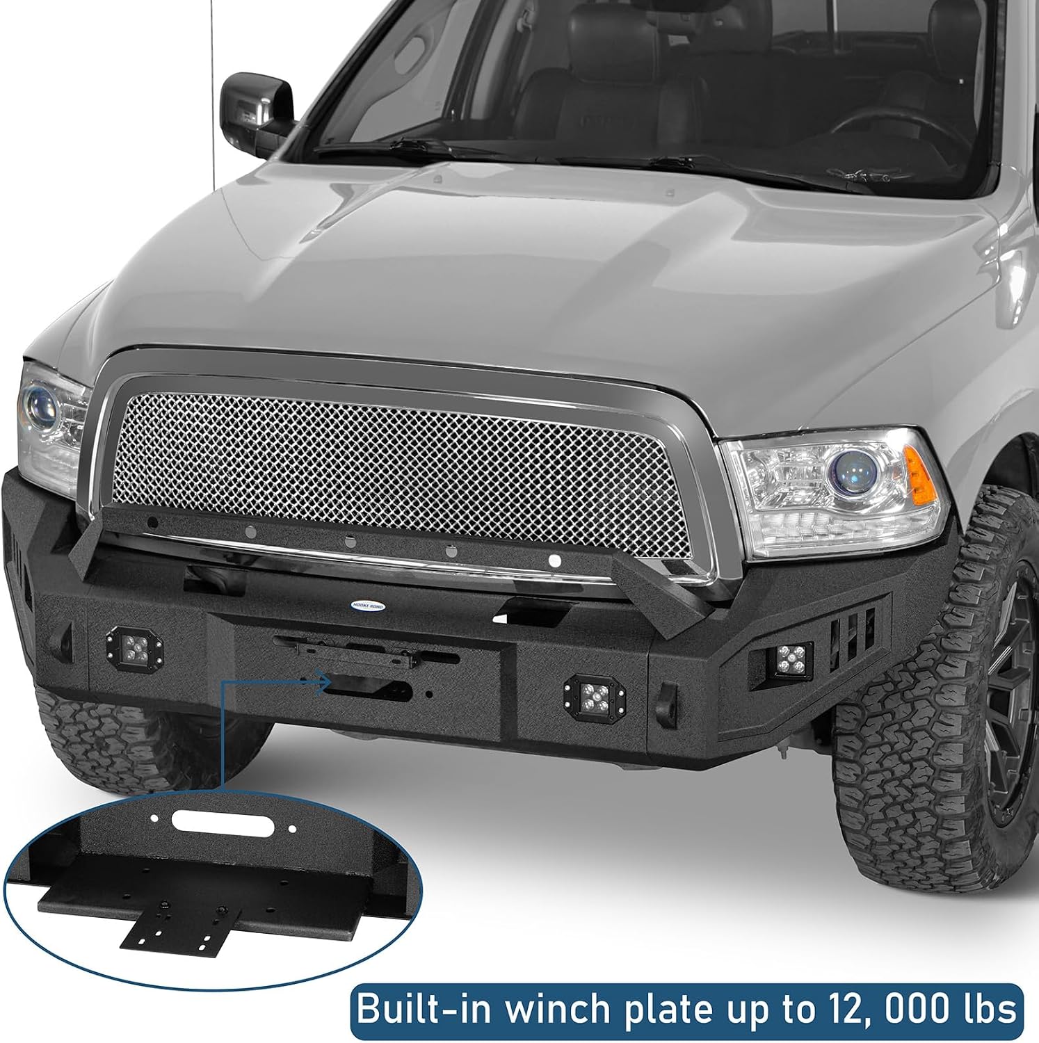 u-Box 2012 Ram 1500 Front Bumper w/Winch Plate for Dodge Ram 1500 Truck 2009-2012 Offroad Full Width Steel Bumper w/LED Lights & License Plate Mount