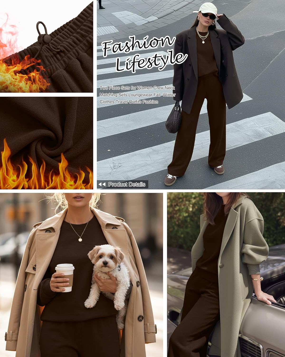 Women's 2 Piece Outfits Set Fleece Lined Lounge Sweatsuit Crewneck Pullover Top Wide Leg Pants Casual Tracksuit - Image 5