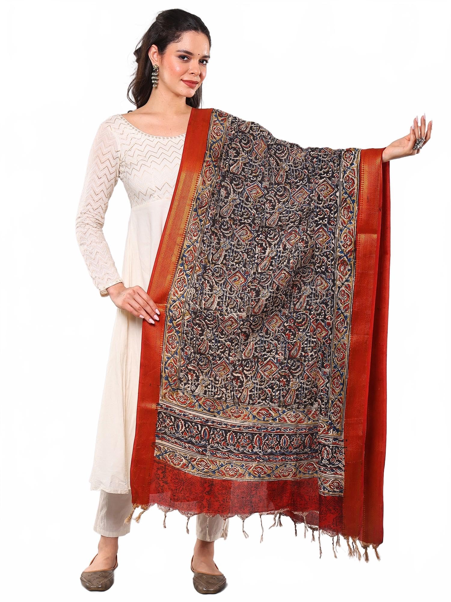 exotic india Kalamkari Dupatta for Women with Authentic Block Print and Zari Border Elegant Ethnic Wear-picture-14