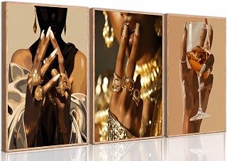 3 Pcs African American Woman Canvas Wall Art Fashion Afrocentric Black Girl Grilling Melanin Pictures Wall Decor Wine Trend Bar Cart Poster Print Artwork for Woman Bedroom Girl Room Unframed